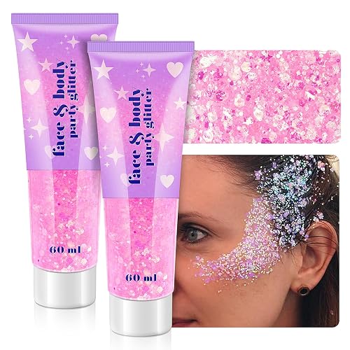 Body Glitter Gel, 2 Jars Face Glitter Gel Sequins Shimmer for Hair, Lip, Eyeshadow, Nails, Chunky and Powder Mixed Glitter Gel, Holographic Cosmetic Beauty & Personal Care Linwulte
