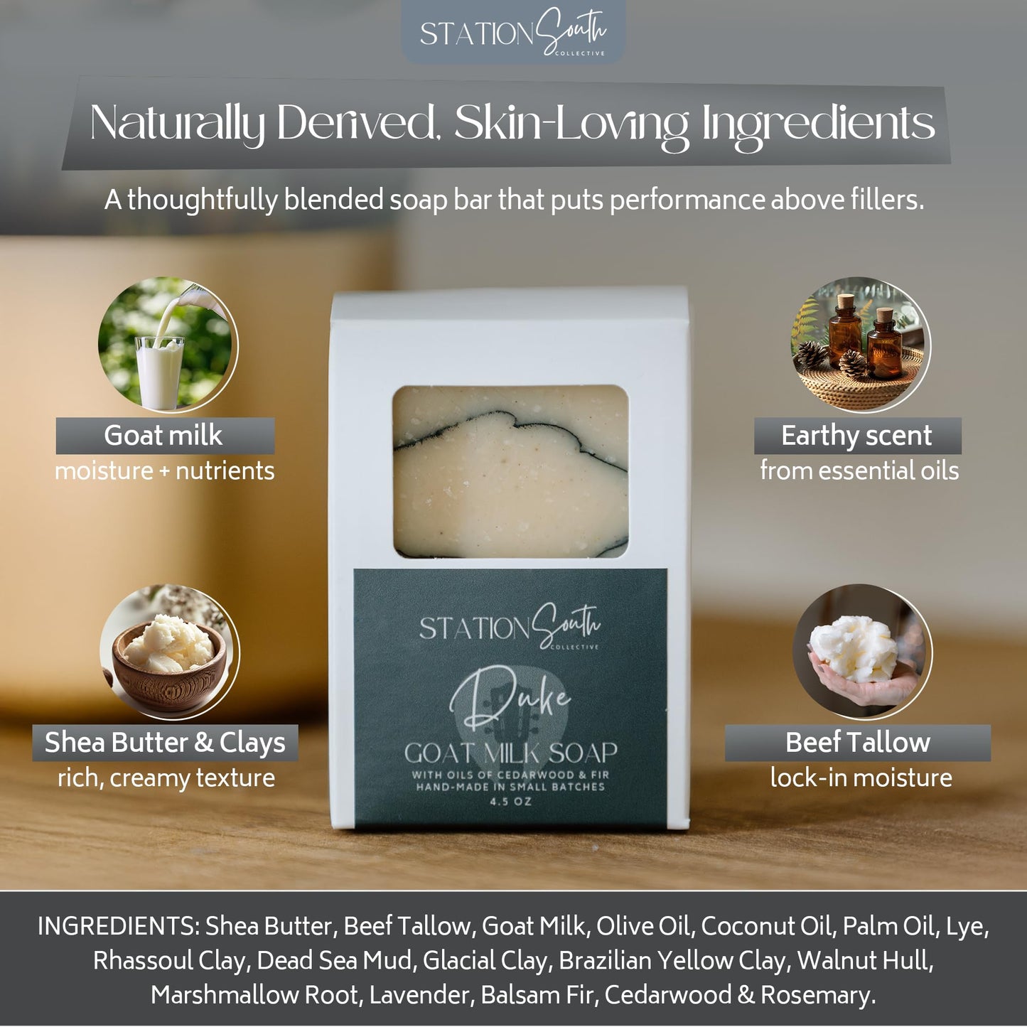 Station South Collective Duke Goat Milk Soap Bar - Men’s 2-in-1 Shampoo & Body Bar, Moisturizing & Deep Cleansing, Hydrating Goat Milk Soap, Woodsy Beauty & Personal Care Station South Collective