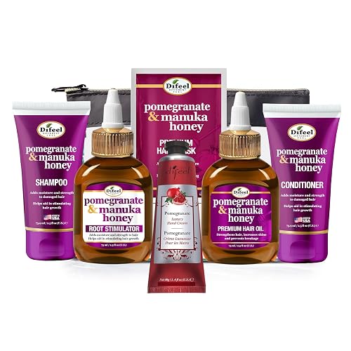 Difeel Pomegranate & Manuka Honey 6-Piece Travel Hair Care Set - Sulfate-Free Shampoo, Conditioner, Hair Oil, Root Stimulator & Deep Conditioning Mask Beauty & Personal Care Difeel