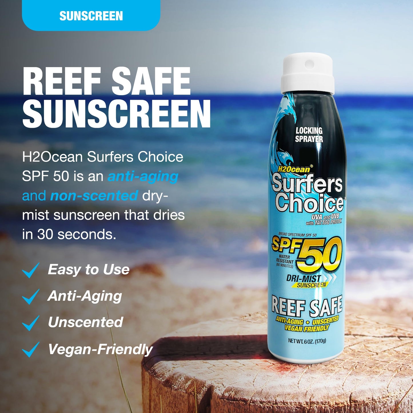 H2Ocean Surfers Choice SPF 50 Spray - Quick-Drying Sunscreen Spray for Tattoo Aftercare & UV Protection - Reef-Safe Sun Protection for All Ages - 6 oz Beauty & Personal Care H2Ocean