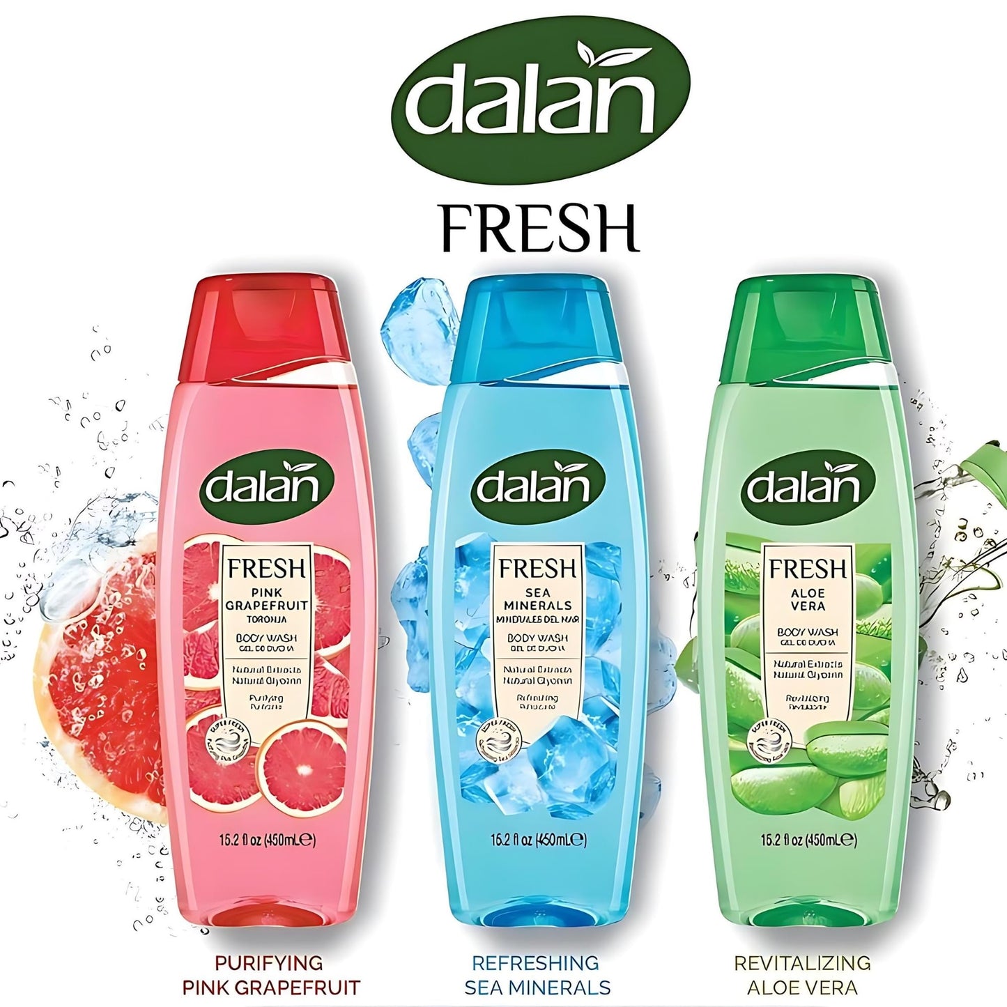 Dalan Natural Extracts Body Wash, with Fresh Pink Grapefruit & Aloe Vera & Sea Minerals, 15.2 fl oz (3 Pack, Grapefruit) Beauty & Personal Care Dalan