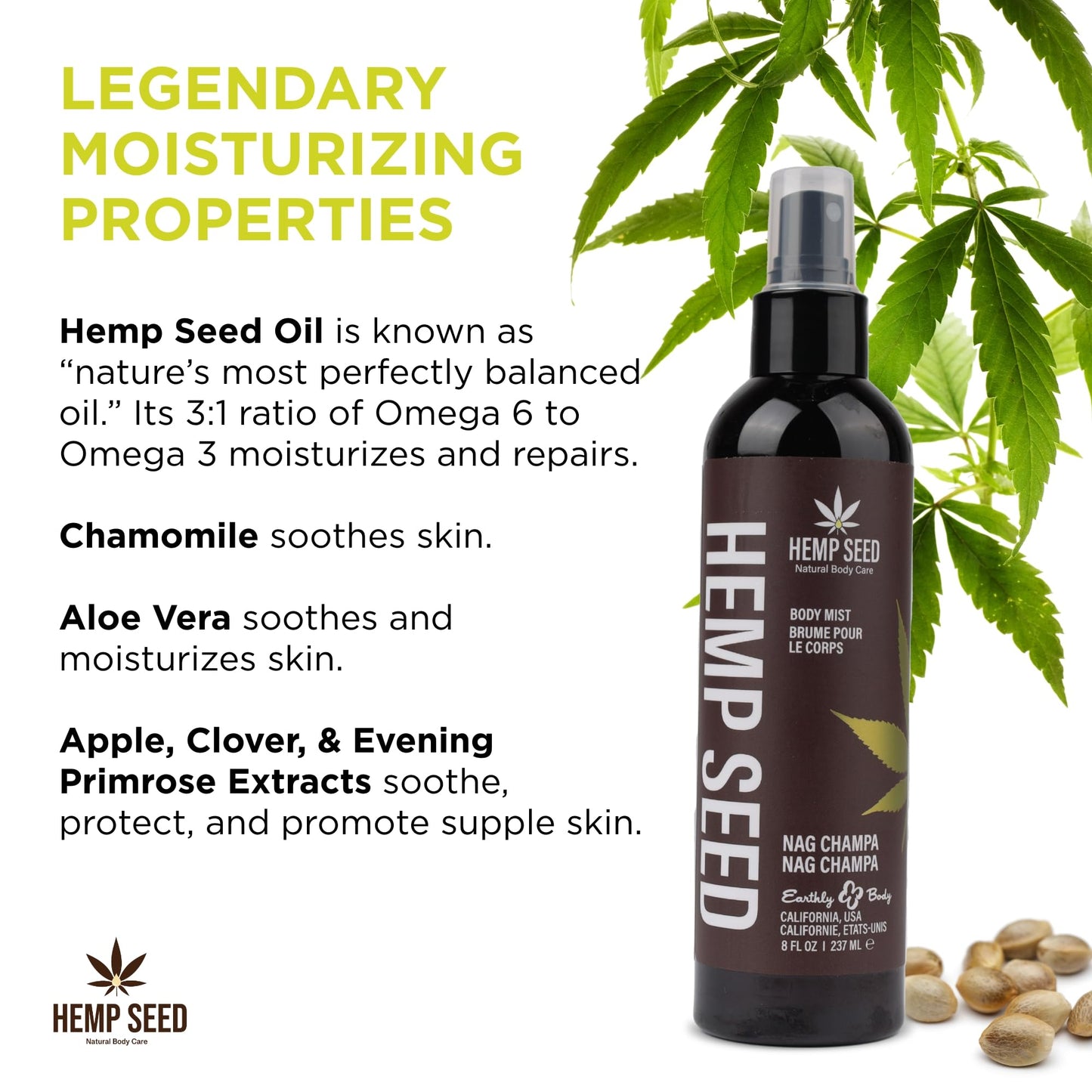 Hemp Seed Body Mist, Nag Champa - 8 fl oz - Moisturizes, Invigorates & Protects Skin - With Hemp Seed Oil, Chamomile & Aloe Vera - Vegan, Cruelty Free Beauty & Personal Care Earthly Body