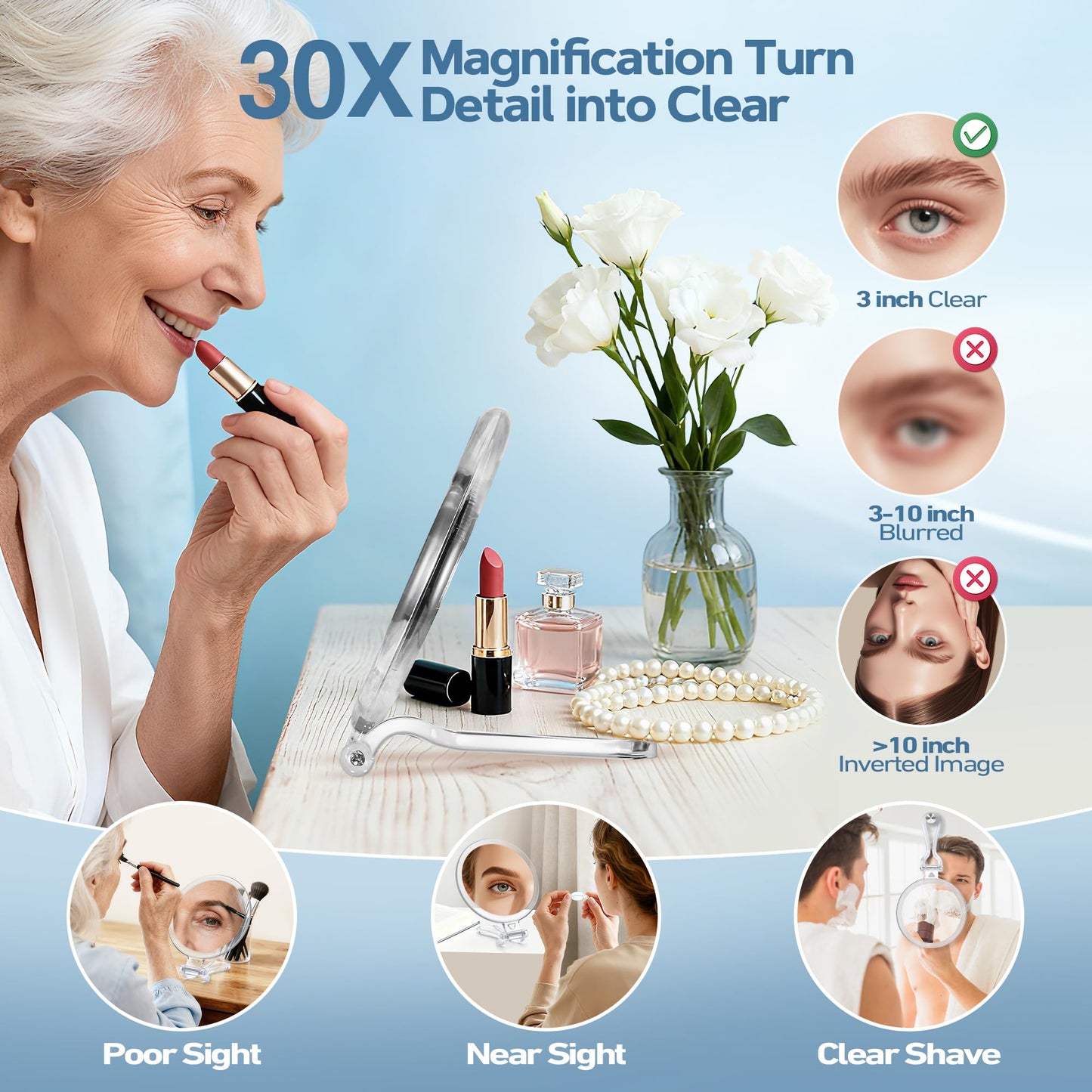 B Beauty Planet 30X Magnifying Mirror for Travel with Handle, Double-Sided 1X/30X Magnification Hand Mirror for Makeup,Travel Mirror for Desk 5 Inches Beauty & Personal Care B Beauty Planet
