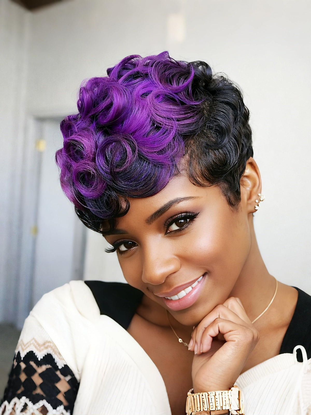 Naseily Short Black And Purple Wig Short Curly 2 Tones Synthetic Wigs For Black Women Natural Short Hair Wig