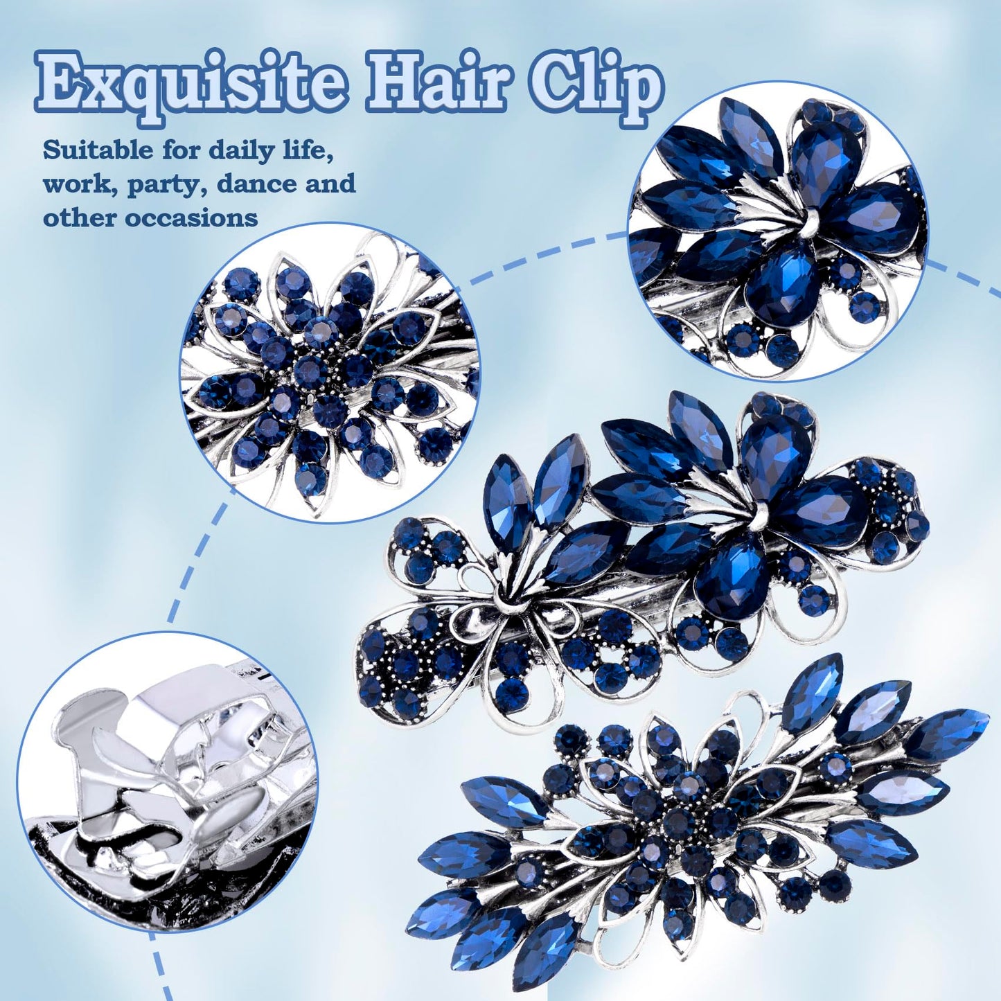 CustomyLife 2pcs 3.35inch Vintage Crystal Hair Barrettes, Sapphire Blue Bun Updo Hair Clips, Sparkly Rhinestone French Wedding Prom Formal Hair Beauty & Personal Care CustomyLife