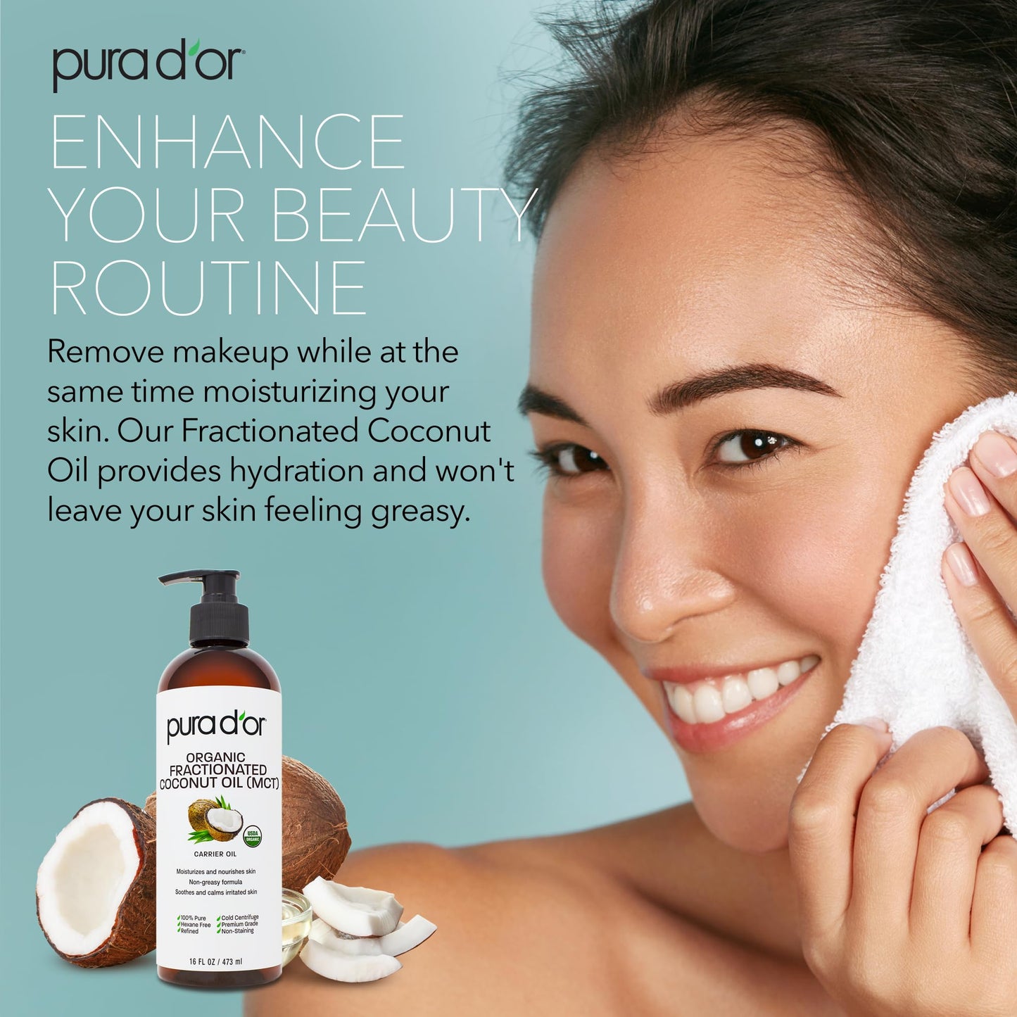 PURA D'OR ORGANIC Fractionated Coconut Oil MCT Oil (16 Oz) 100% Pure & Natural USDA Certified Beauty & Personal Care PURA D'OR