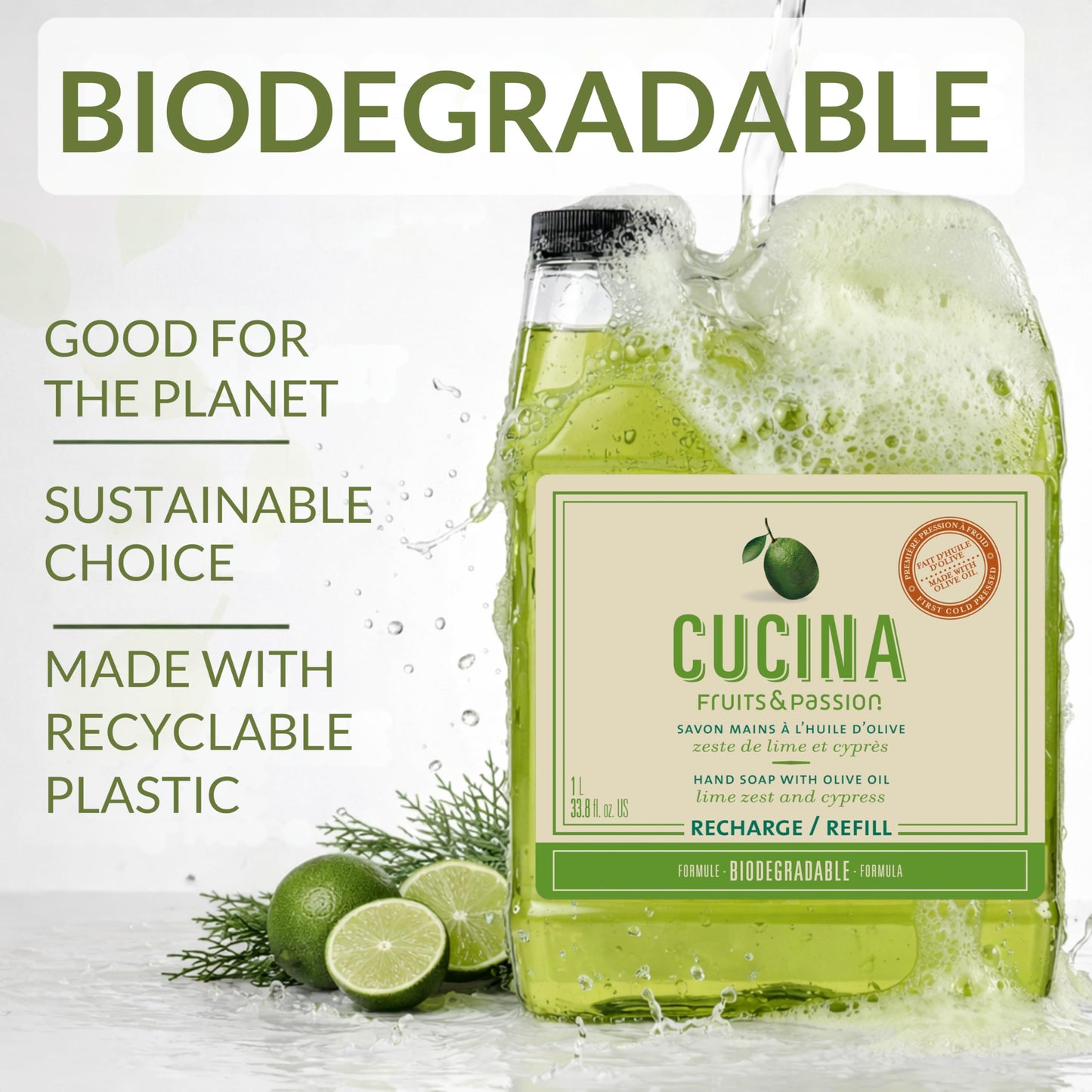 Cucina Fruits & Passion Hand Soap Refill, Lime Zest & Cypress, 1 L (33.8 fl oz), Liquid Hand Soap with Moisturizing Olive Oil, Biodegradable, Vegan Beauty & Personal Care Fruits and Passion