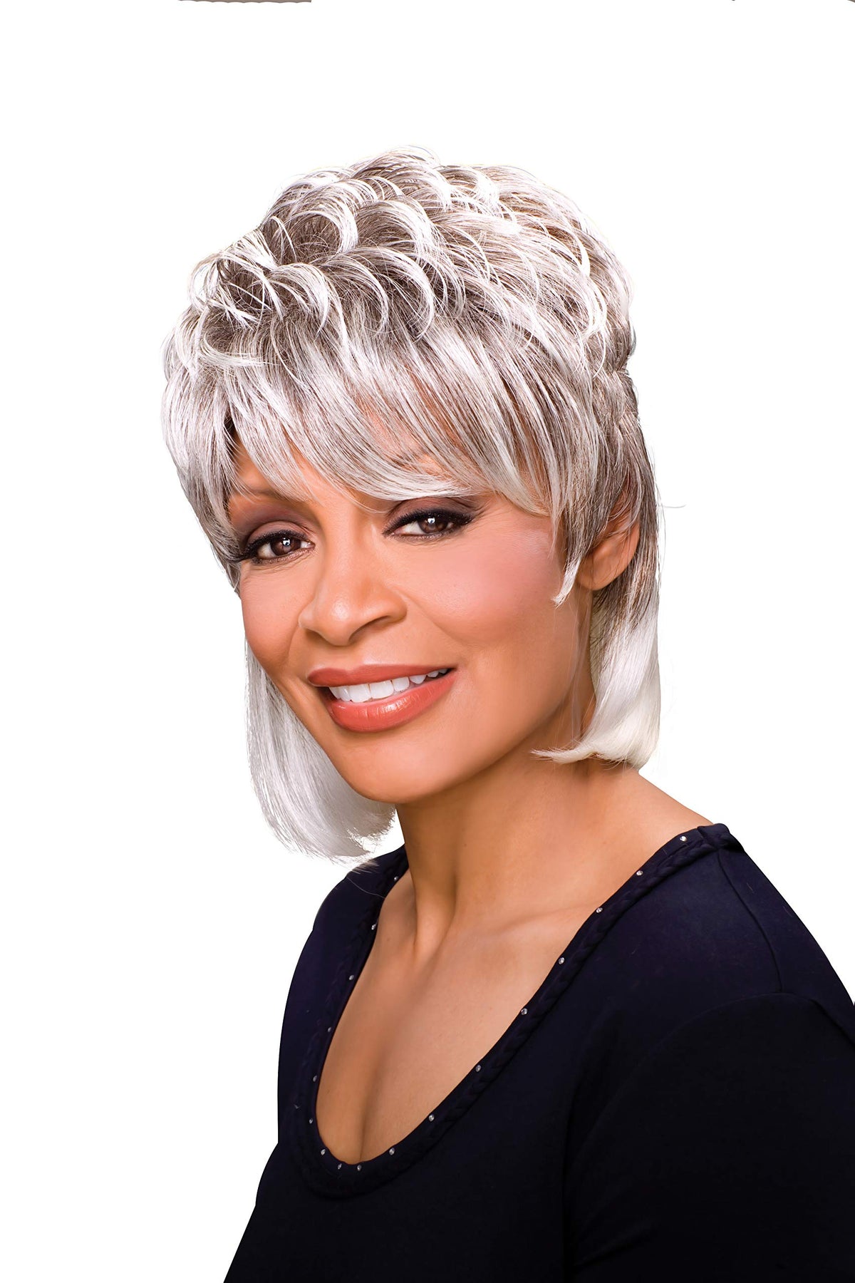 Peggy Wig Color 51 - Foxy Silver Wigs 10" Mid Length Chunk Layers Tapered Bangs Synthetic African American Lightweight Bundle Maxwigs Hairloss Booklet