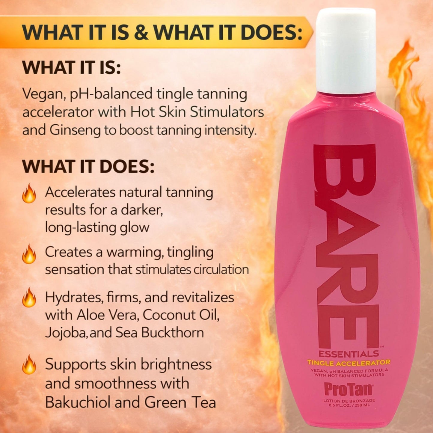 Pro Tan BARE Essentials Tingle Accelerator Tanning Lotion 8.5 fl oz - Vegan DHA, Bakuchiol, Aloe, Coconut Oil, Jojoba & Vitamins B C E - Indoor Beauty & Personal Care Pro Tan