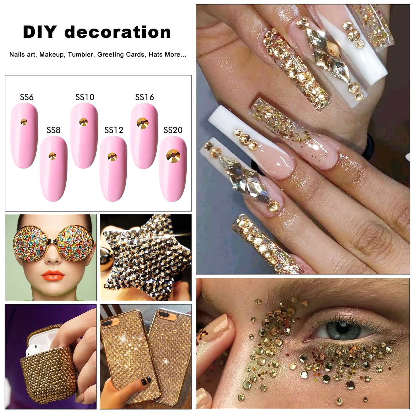 4240Pcs Gold Flatback Rhinestones 6 Sizes Crystal Diamonds for Nail Art Crafts Clothes Shoes with Tweezers and Picking Pen Beauty & Personal Care MEIBITE