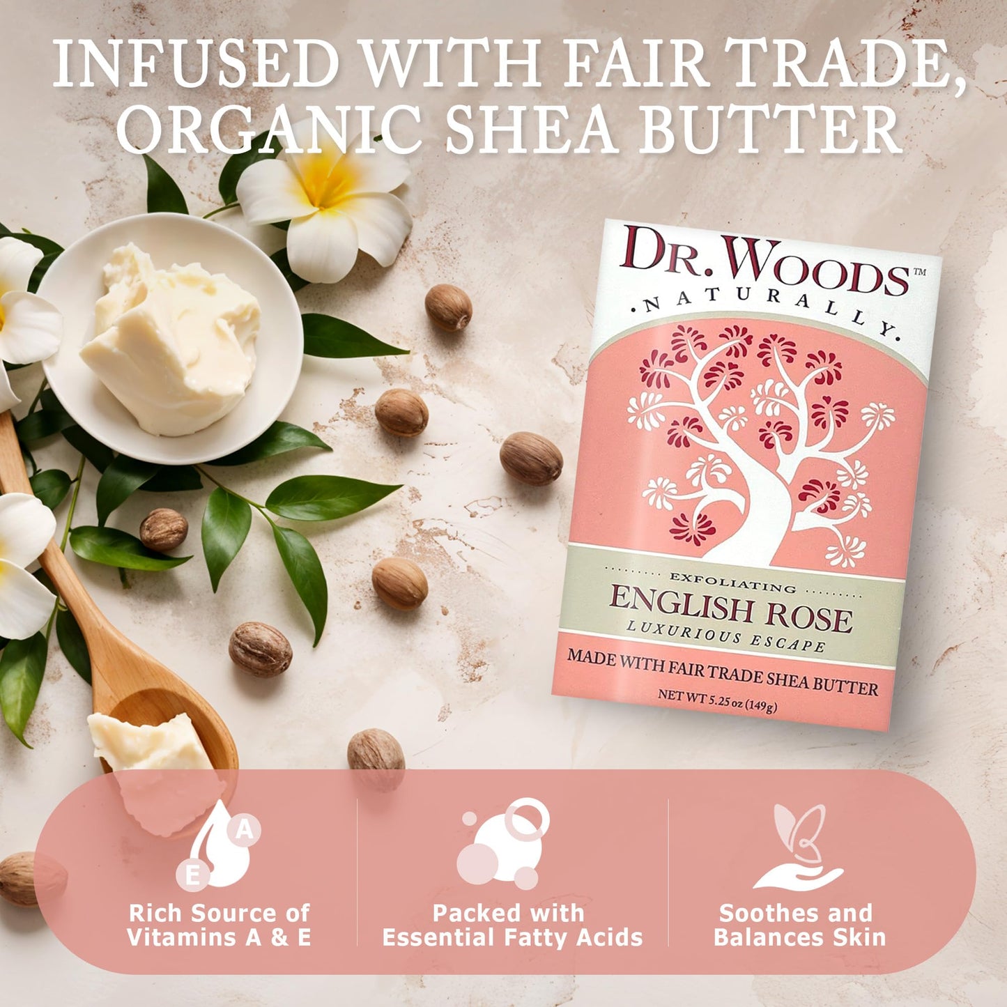 Dr. Woods English Rose Bar Soap with Organic Shea Butter - Pure Rose Scented Soap for Men and Women, Moisturizing and Exfoliating - 5.25 Oz Bar Beauty & Personal Care Dr. Woods