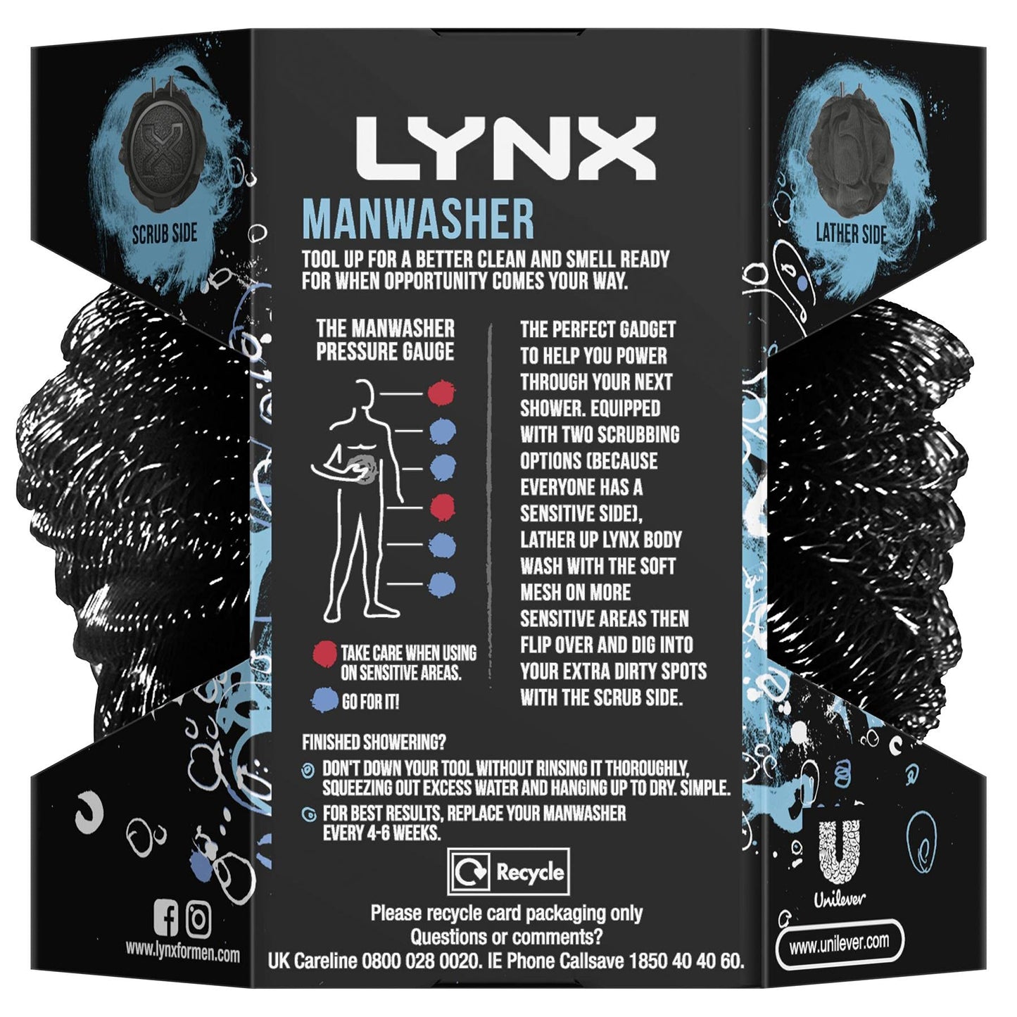 Lynx Manwasher, Shower Sponge, Loofahs Bath Shower Scrub Exfoliating Body Brush Pouf Scrubber Sponge Ball Mesh Bath Loofah 2 Pack Body Puff Beauty and Personal Care Lynx