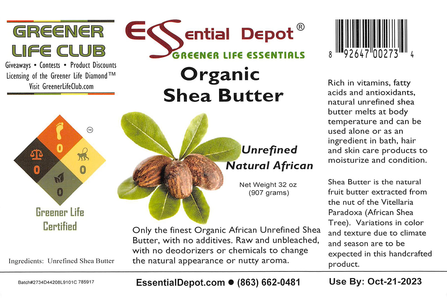 Essential Depot Shea Butter - 32 oz. - 2 lbs - Organic - Unrefined - In resealable safety sealed HDPE Jar Beauty & Personal Care Essential Depot