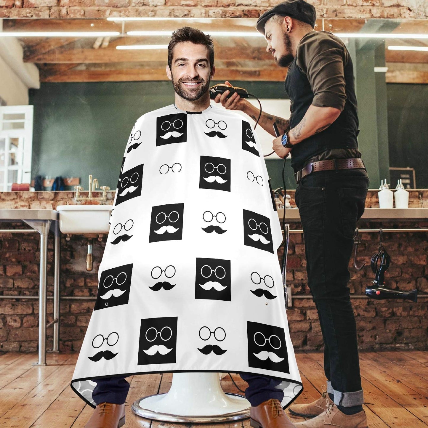 visesunny Mustache Glasses White Black Grid Barber Cape Anti-Static Hair Cutting Cape with Snap Closure Professional Salon Polyester Beard Shaving Bib Beauty and Personal Care visesunny