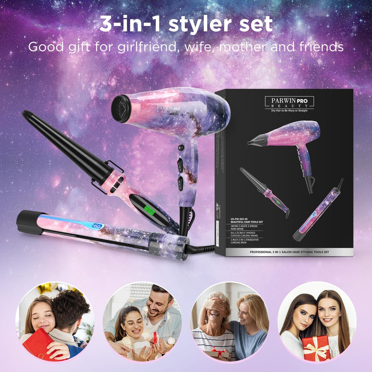 3 in 1 1875W Hair Dryer Straightening Curling Iron, PARWIN PRO BEAUTY Hair Styling Set, Ion Hair Dryer, Flat Iron Hair Straightener, Cone Curling Beauty & Personal Care PARWIN PRO BEAUTY