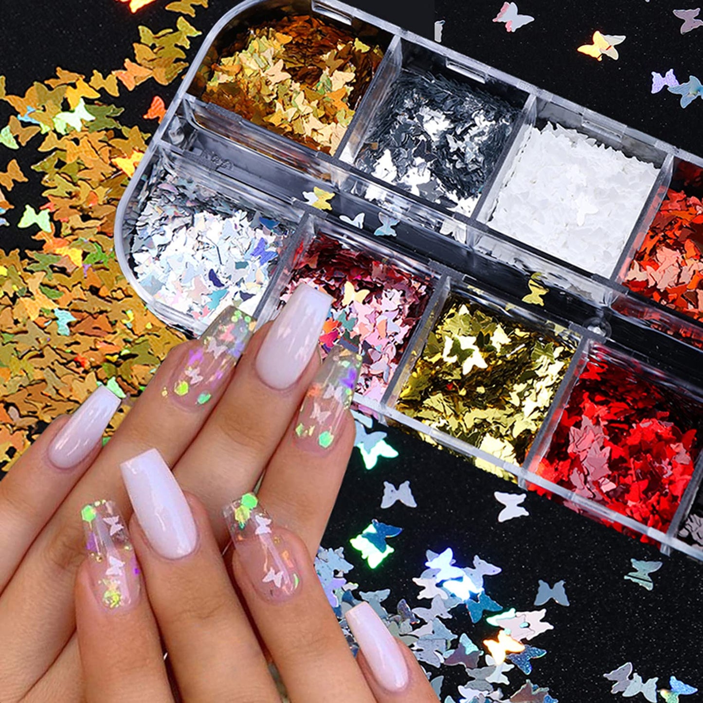 12 Colors Butterfly Nail Art Stickers Butterflies Nail Glitter Sequins 3D Art Accessories Butterfly Shape Flakes Powder Holographic Gold Red Pink Beauty & Personal Care TBRZTR