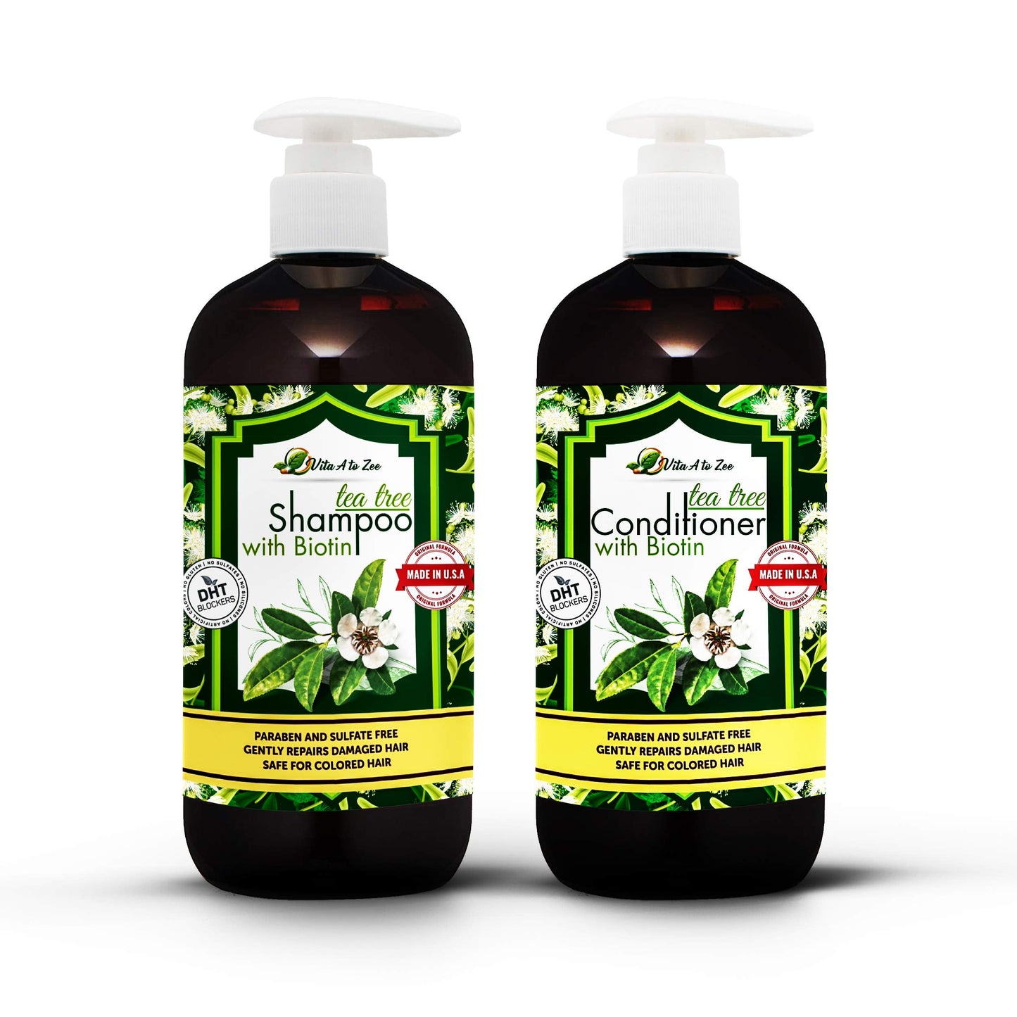 Tea Tree Oil & Biotin Shampoo & Conditioner Set for Men & Women | Professional Strength Formula | Refreshes & Stimulates Hair & Scalp | Moisturizing Beauty & Personal Care Vita A to Zee