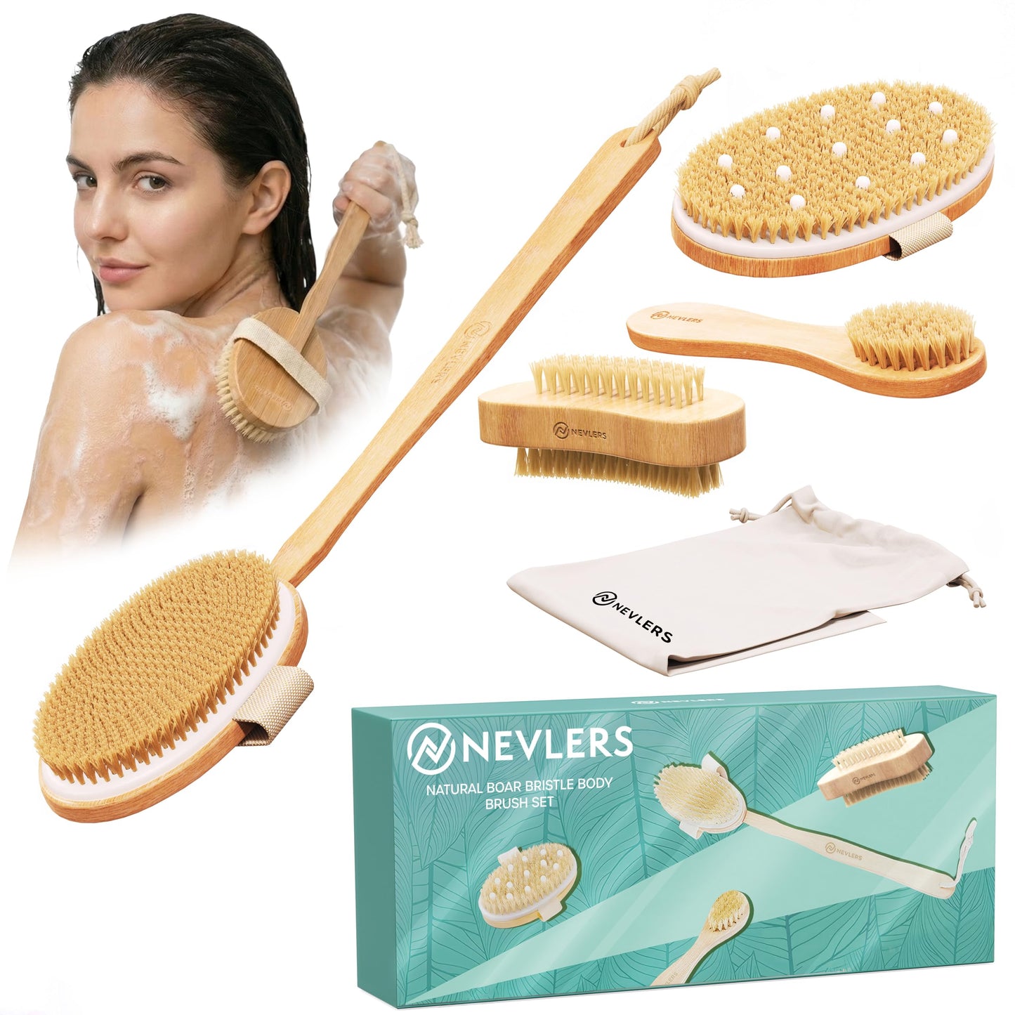 Nevlers 5-Pack Natural Boar Bristle Wood Dry Brush Set for Skin Exfoliation Beauty and Personal Care Nevlers