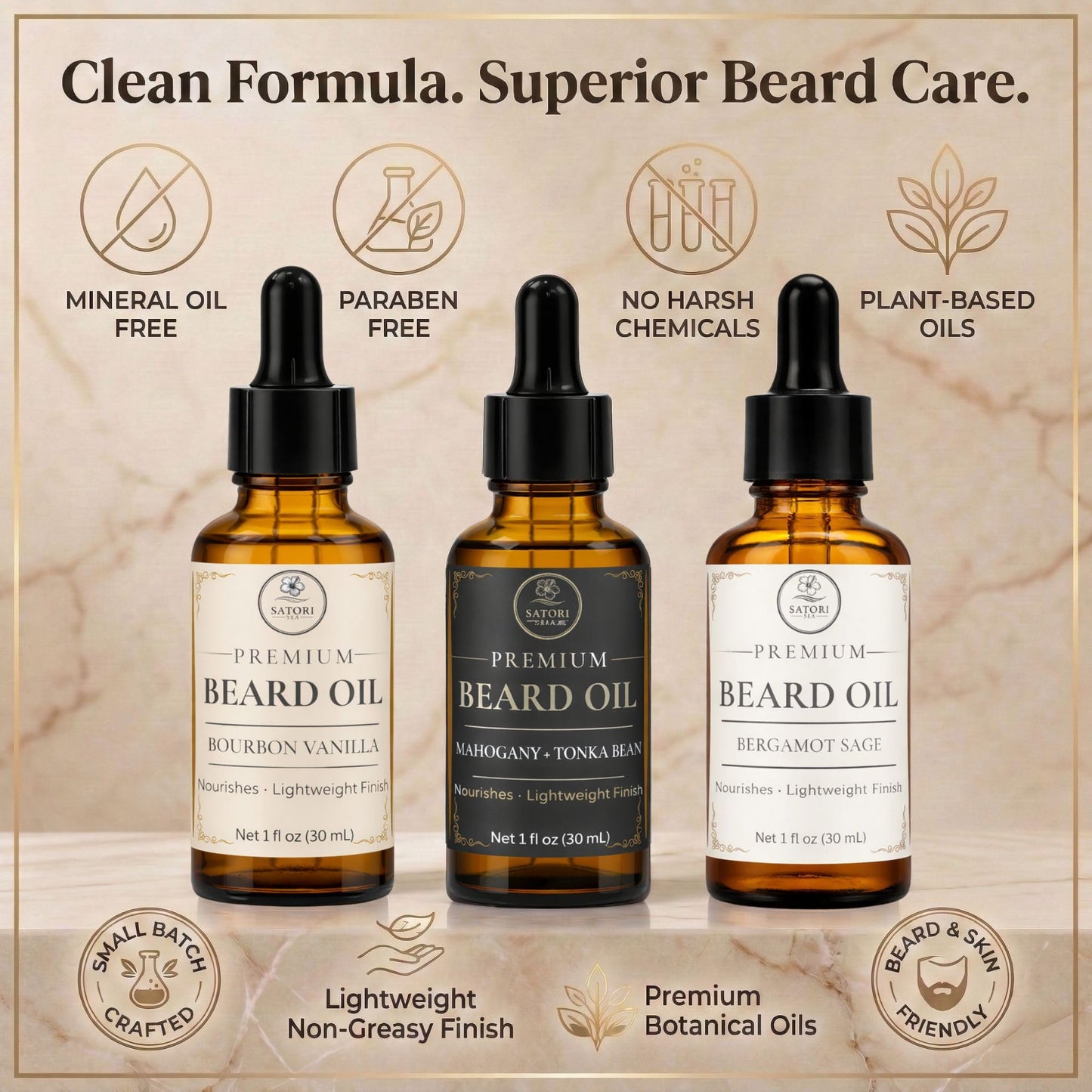 Satori Sea Beard Oil Variety Pack for Men - 3 Pack (Bourbon Vanilla, Mahogany Tonka Bean, Bergamot Sage) - Premium Beard Oil for Men - Moisturizing Beauty and Personal Care Satori Sea