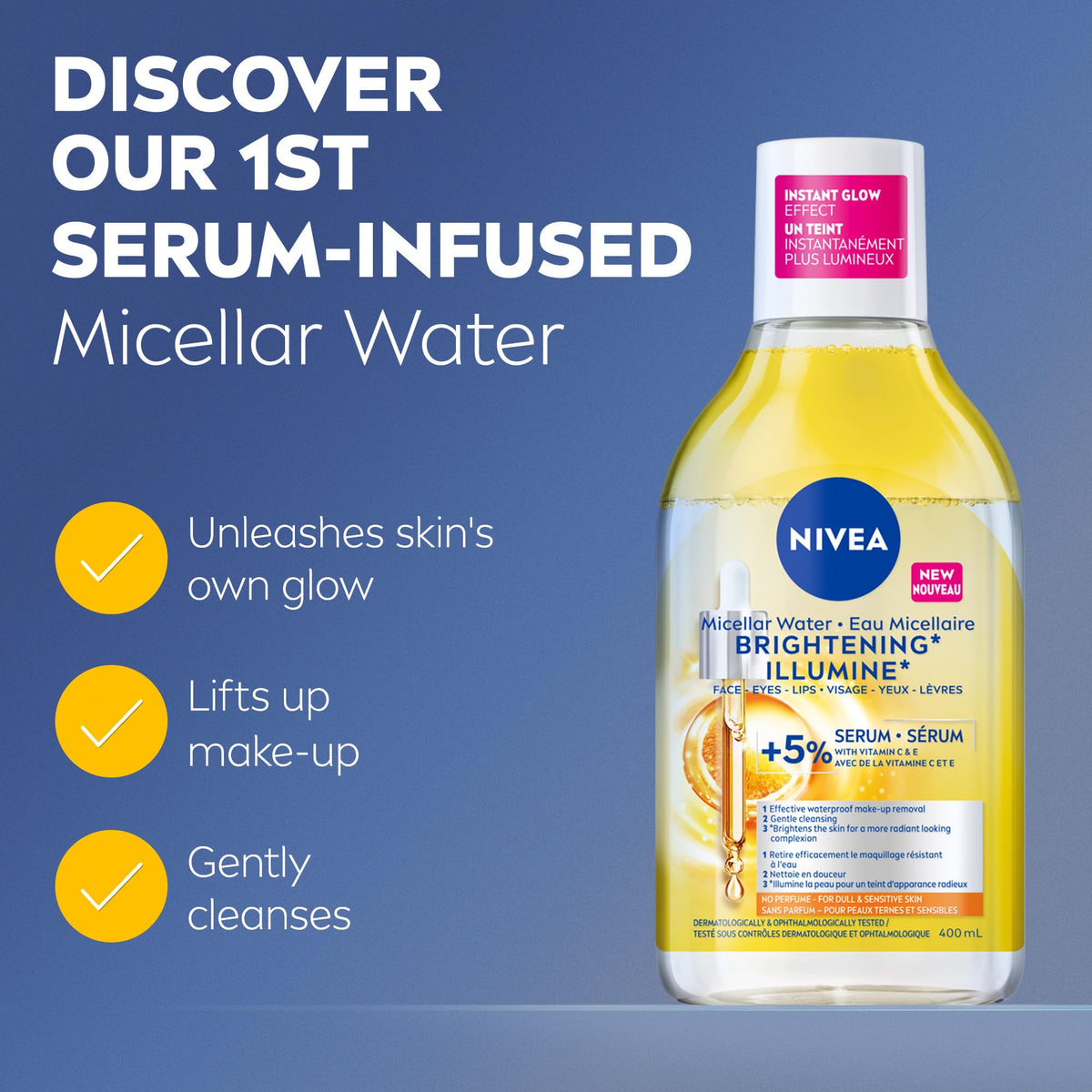 NIVEA Skin Glow Micellar Water - Gentle Facial Cleanser and Makeup Remover for Face, Eyes, and Lashes, Vitamin-Infused Formula for Daily Use, Suitable