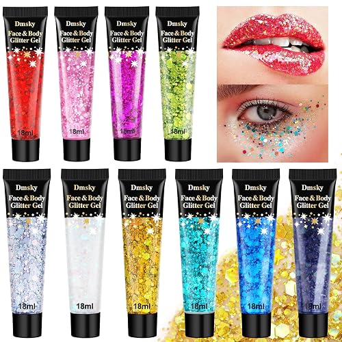 10 Colors Body Glitter,Face Glitter Makeup for Kids Women,Sparkly Chunky Hair Glitter for Eye Lip Hair Nails,Mardi Gras Glitter Makeup Face Beauty & Personal Care Dmsky