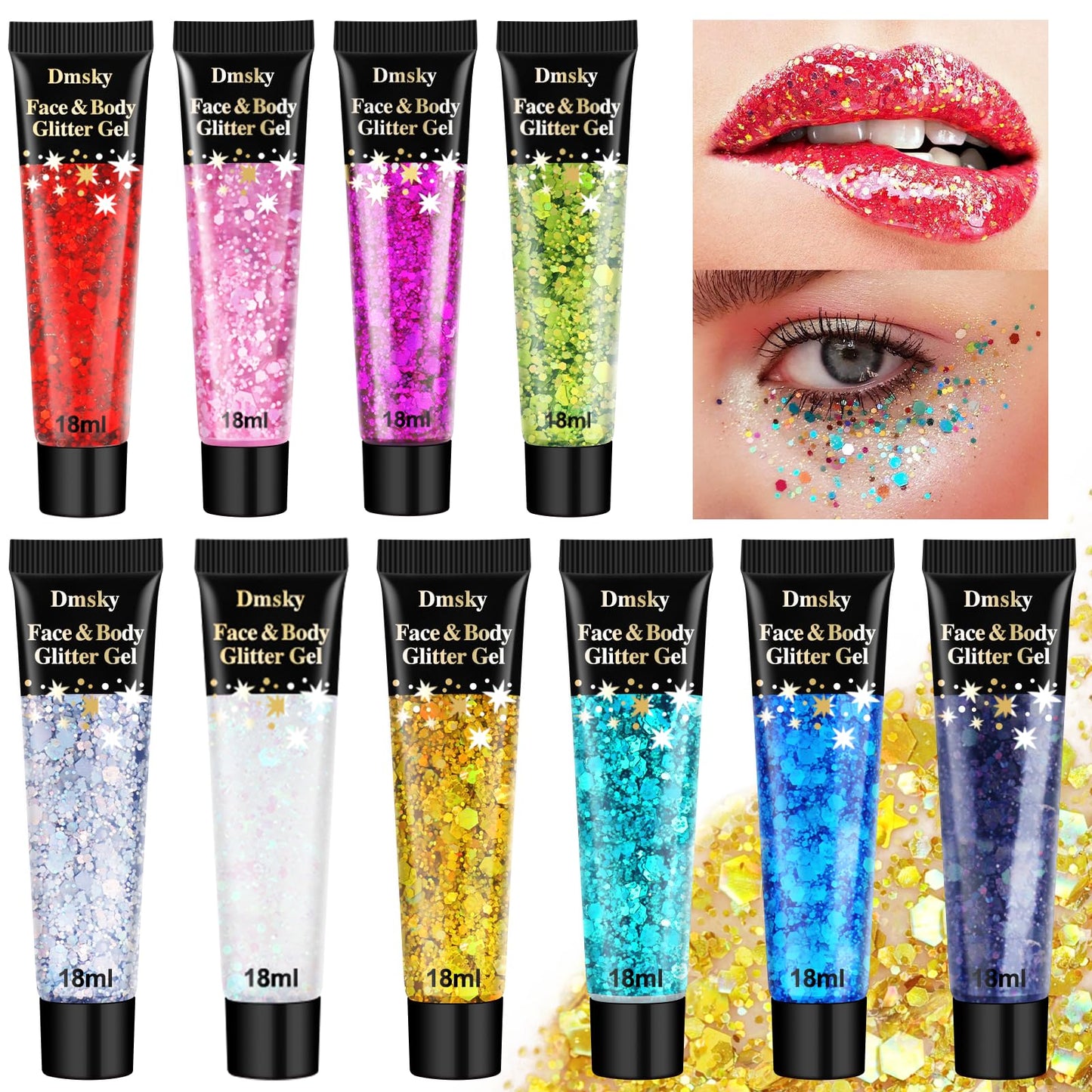10 Colors Body Glitter,Face Glitter Makeup for Kids Women,Sparkly Chunky Hair Glitter for Eye Lip Hair Nails,Mardi Gras Glitter Makeup Face Beauty & Personal Care Dmsky