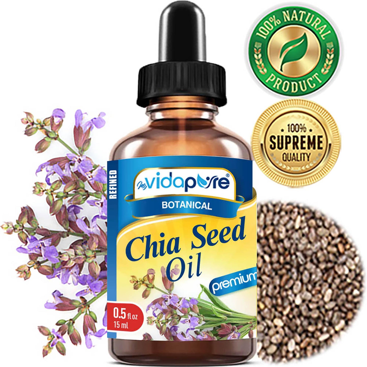 MYVIDAPURE CHIA SEED OIL Pure Natural Undiluted Refined Cold Pressed Carrier Oil for Skin, Face, Hair, Lip and Nail Care Anti-Aging (0.5 Fl Oz) Beauty & Personal Care MYVIDAPURE