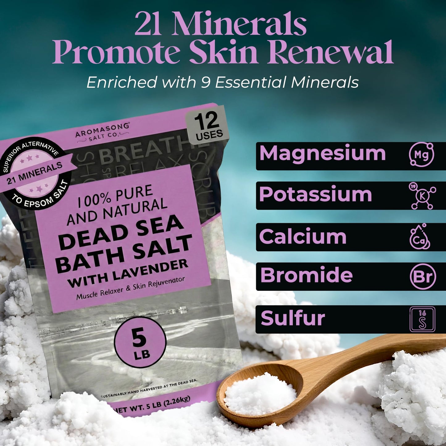 Aromasong Pure Dead Sea Salt for Soaking with 100% Natural Lavender, 5 LB - Spa Bath Salt Fine Grain - Body Wash Scrub - Soak for Women & Men- Bulk Beauty and Personal Care Aromasong