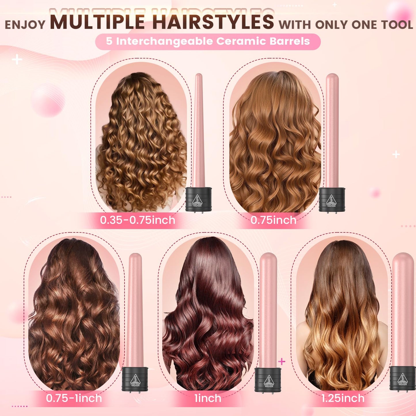 5 in 1 Curling Iron Wand Set, Hair Curling Iron Interchangeable Ceramic Barrels (0.35 to 1.25 Inch), Barrel Heat Protective Glove 2 Clips, Dual Beauty & Personal Care Amgcive