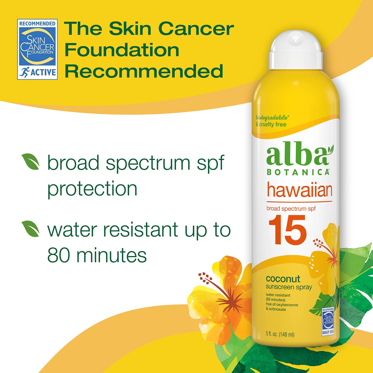 Alba Botanica Sunscreen Spray for Face and Body, Broad Spectrum SPF 15 Sunscreen, Hawaiian Coconut, Water Resistant and Biodegradable, 5 fl. oz. Beauty & Personal Care Alba Botanica