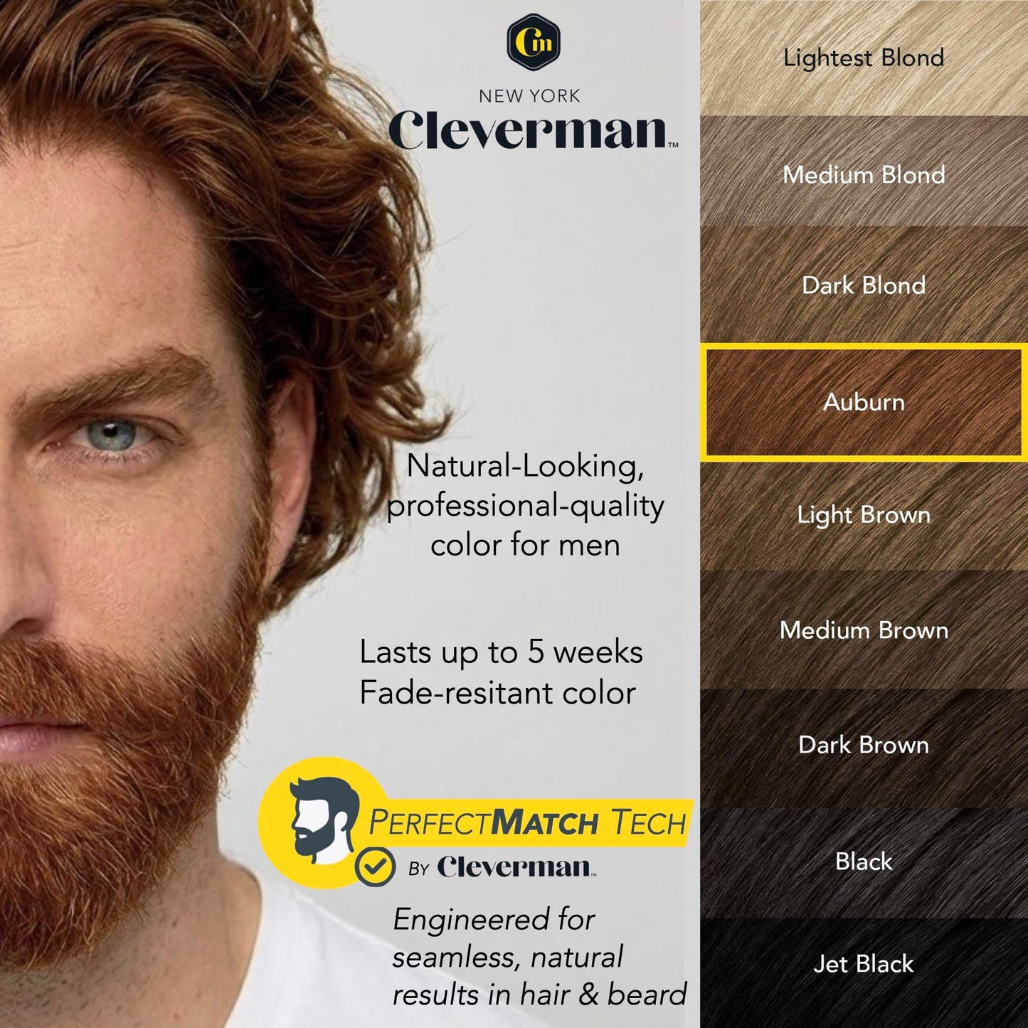 Reusable Hair & Beard Dye for Men - Auburn 7.04 | Up to 5 Uses, 7 Minutes | Natural Gray Coverage, No-Drip Cream with SkinArmour® - Cleverman Beauty & Personal Care CLEVERMAN
