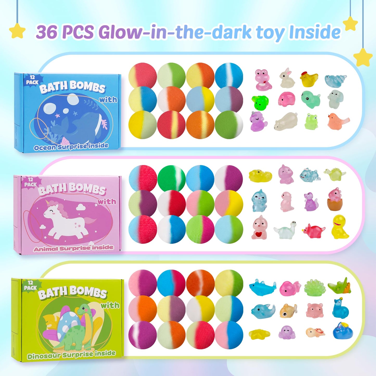 Bath Bombs for Kids with Toy Inside, 36 Pcs Bath Bombs with Glow in The Dark Dinosaur, Animal and Ocean Surprise Inside, Handmade Organic Bubble Bath Beauty and Personal Care DOVIPE