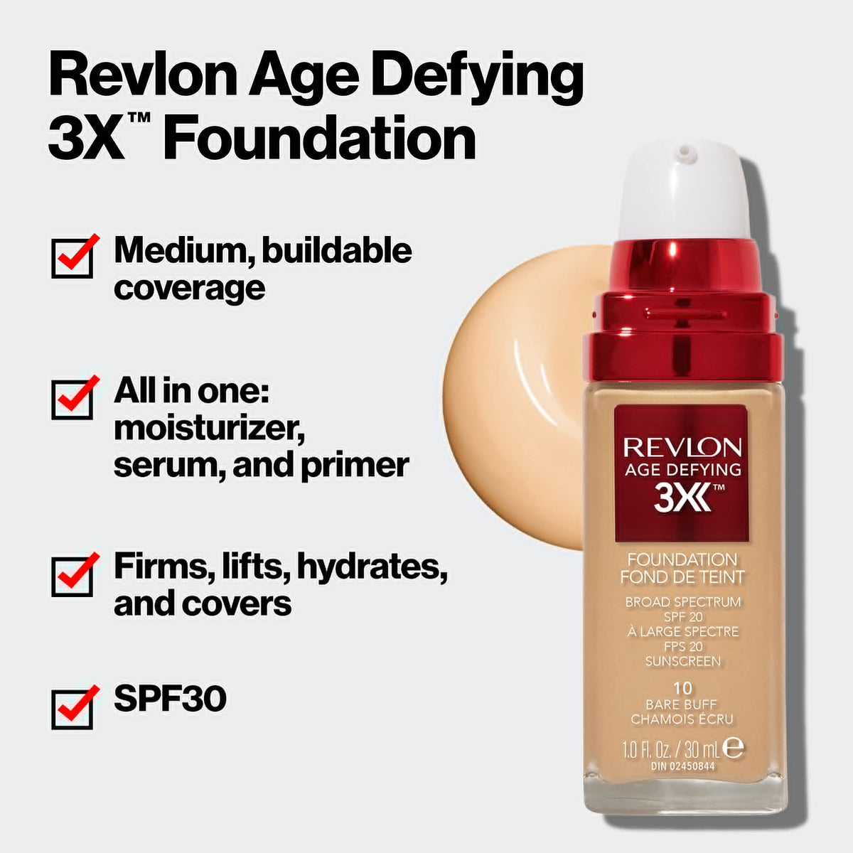 Revlon Age Defying 3X Makeup Foundation, Firming, Lifting and Anti-Aging Medium, Buildable Coverage with Natural Finish SPF 20, 060 Golden Beige, 1 fl Beauty & Personal Care REVLON