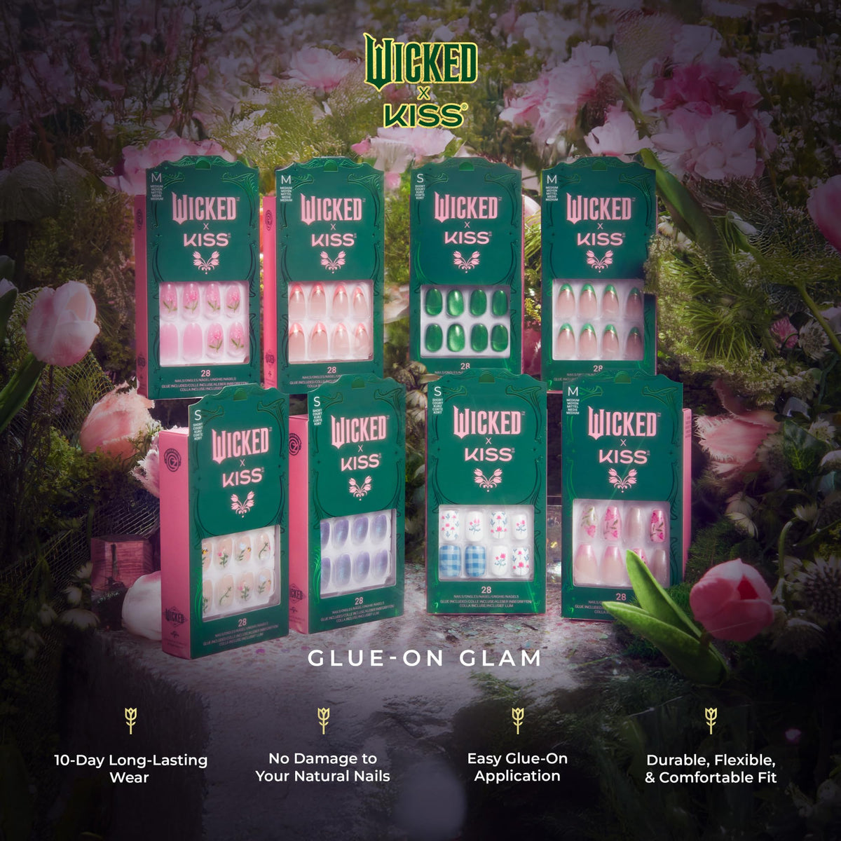 WICKED X KISS Press On Nails, ‘Marvelous Munchkinland’, Blue, Short Squoval, Waterproof, Chip Proof, Smudge Proof, 28 Fake Nails, Pink Gel Nail Glue