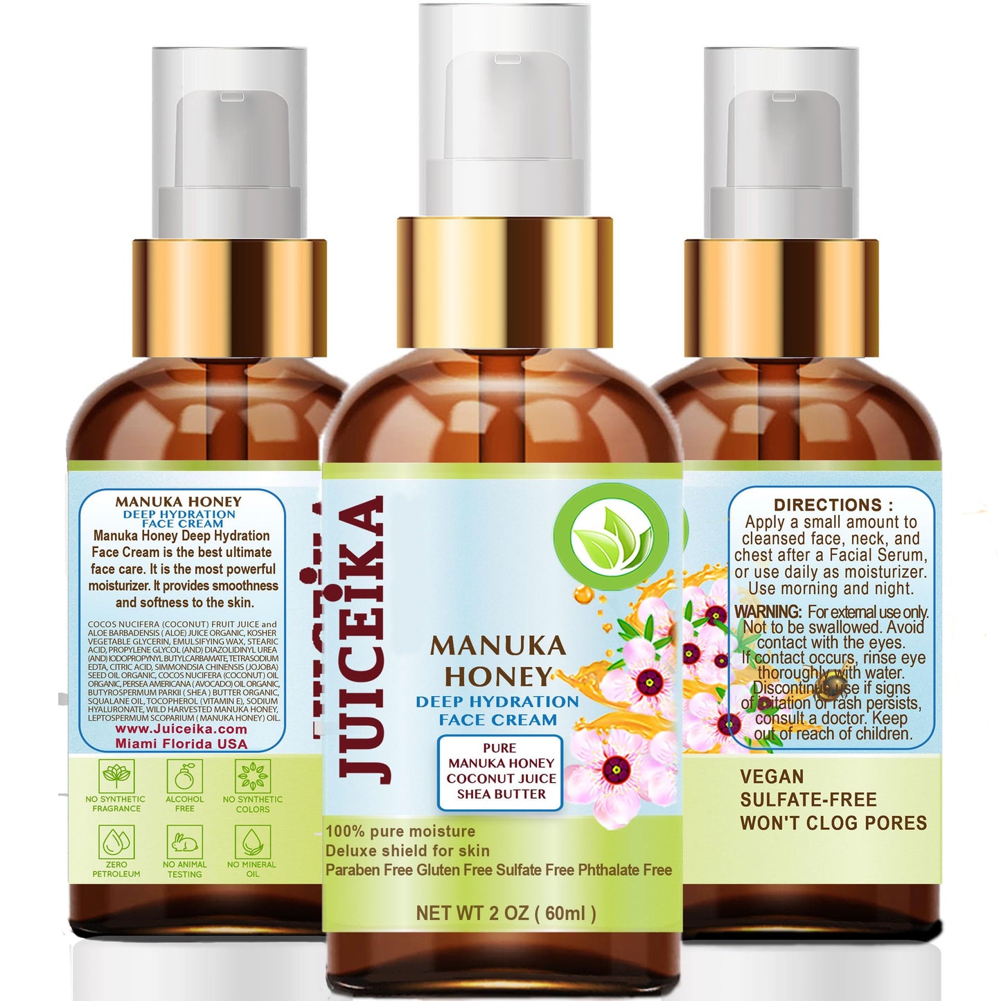 Juiceika MANUKA HONEY Deep Hydration Face Cream Face Moisturizer. Manuka Oil, Aloe Vera, Shea Butter, Coconut Oil, Jojoba Oil, Squalane, Hyaluronic Beauty & Personal Care Juiceika