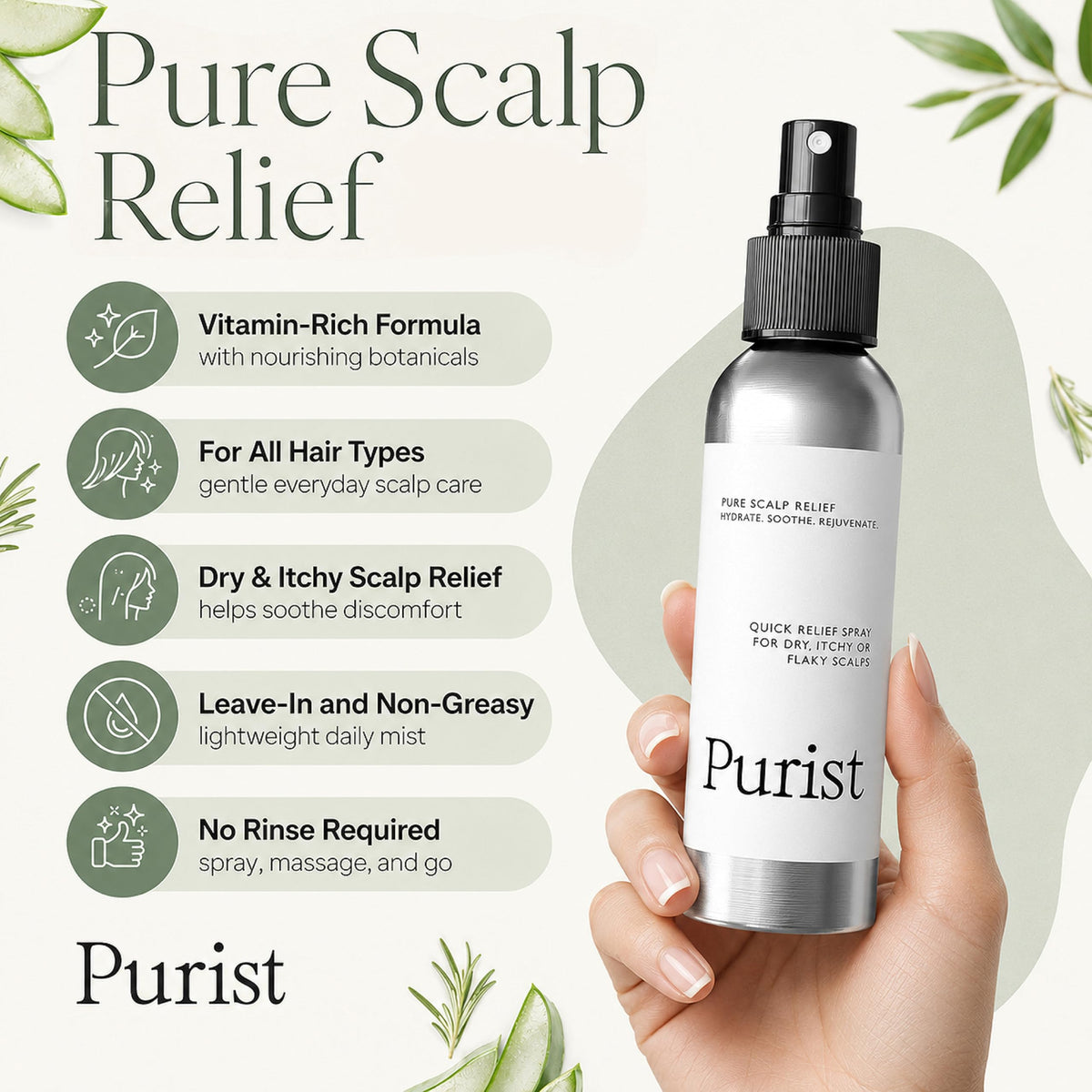 Purist Dandruff Spray - Leave-In Itchy, Dry Scalp Treatment - Hydrating, Lightweight, Soothing Scalp Moisturizer - Scalp Care Spray for Dryness,