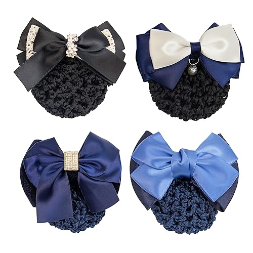 AUEAR, 4 Pcs Satin Hair Bow with Snood Net Barrette Bowknot Clip Bun Cover Hairnets for Women Beauty & Personal Care AUEAR