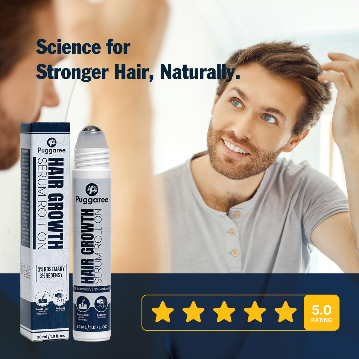 Puggaree Redensyl Hair Growth Serum Roll On - 3% Rosemary, 3% Redensyl, DHT-Blocking Scalp Serum for Thicker, Fuller Hair - For Women & Men (30 ml)