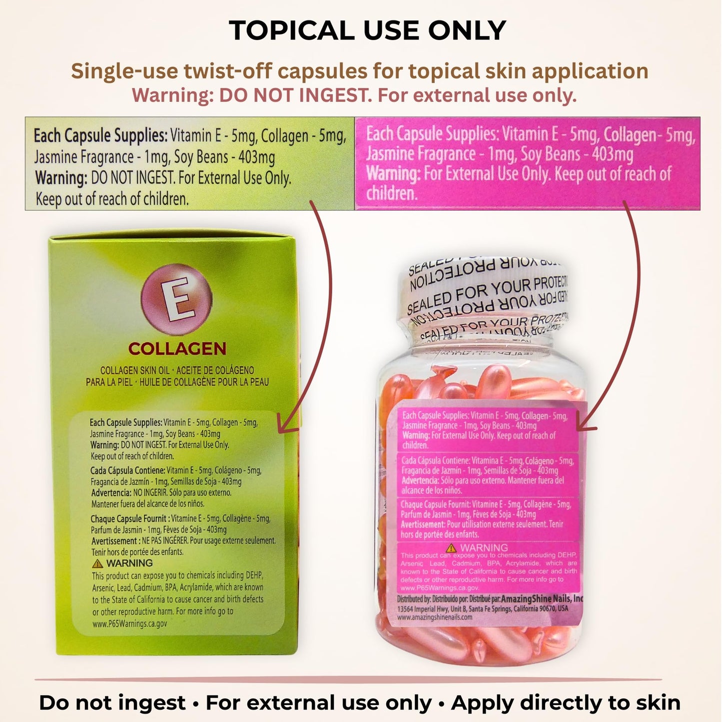 Amazing Shine Collagen Skin Oil Capsules, Topical Use Only, Single Use Twist Off Capsules, External Skin Oil, 90 Capsules Beauty & Personal Care Amazing Shine