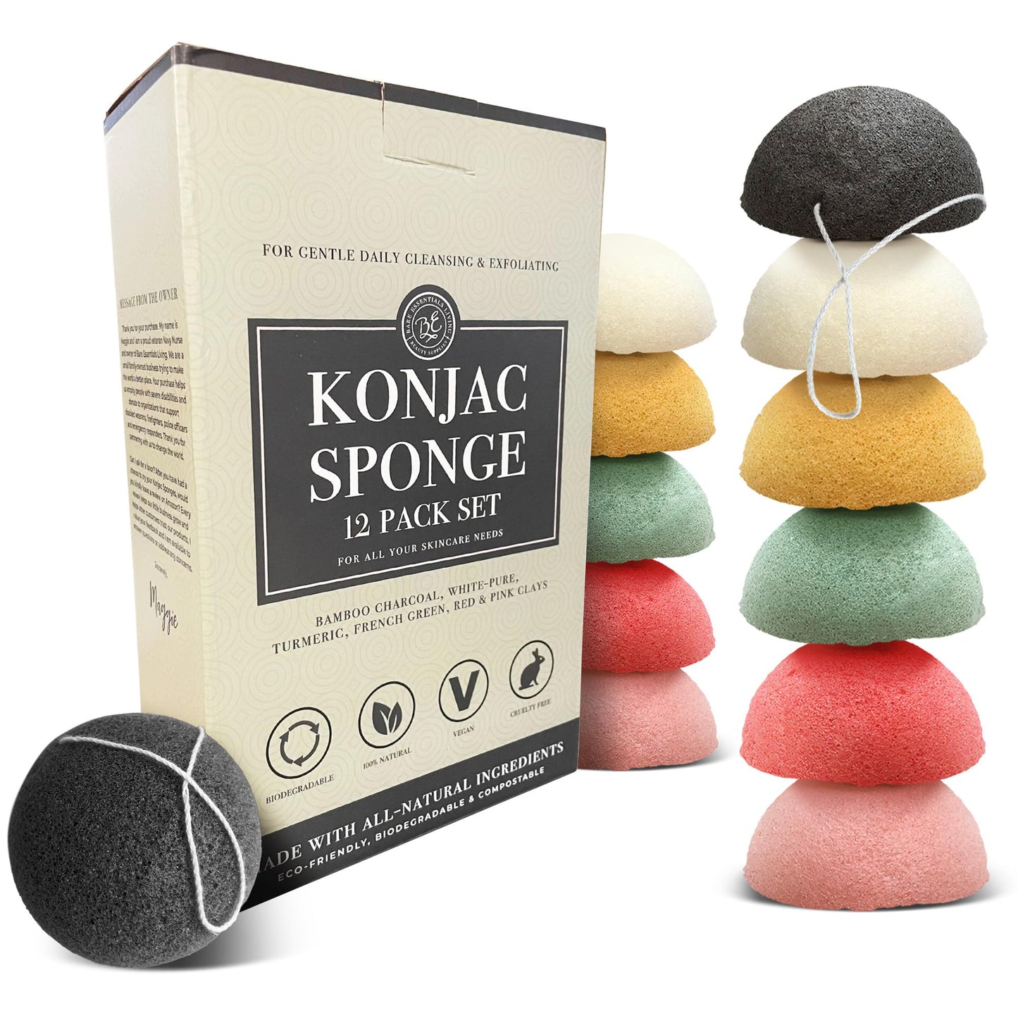 Bare Essentials Living - Konjac Sponges Set (12 Pack) with Activated Bamboo Charcoal Facial Sponge, Natural, Great for Facials, Bath, and Exfoliating Beauty & Personal Care Bare Essentials Living