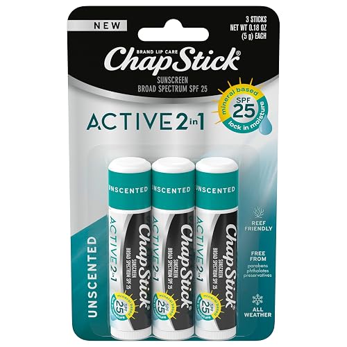 ChapStick Active 2-in-1 Unscented Flavored Lip Balm Tubes with Mineral Based SPF 25 Sunscreen - 0.18 Oz (Pack of 3) Beauty & Personal Care ChapStick