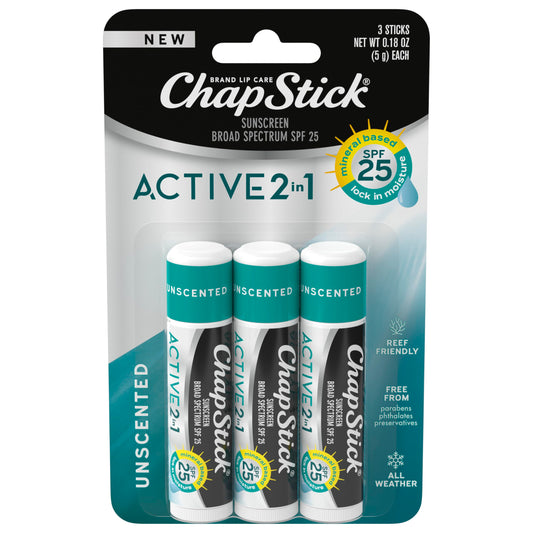 ChapStick Active 2-in-1 Unscented Flavored Lip Balm Tubes with Mineral Based SPF 25 Sunscreen - 0.18 Oz (Pack of 3) Beauty & Personal Care ChapStick