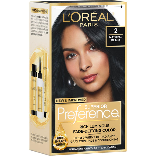 L'Oreal Paris Superior Preference Luminous Fade-Defying Permanent Hair Color, Hair Dye For Up to 9 Weeks of Radiance, Natural Black 2, 1 Hair Dye Kit