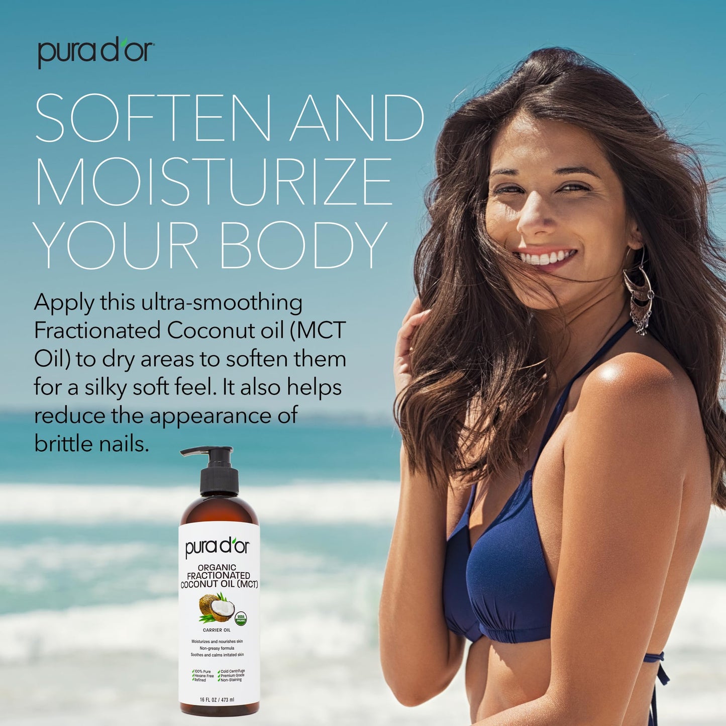 PURA D'OR ORGANIC Fractionated Coconut Oil MCT Oil (16 Oz) 100% Pure & Natural USDA Certified Beauty & Personal Care PURA D'OR