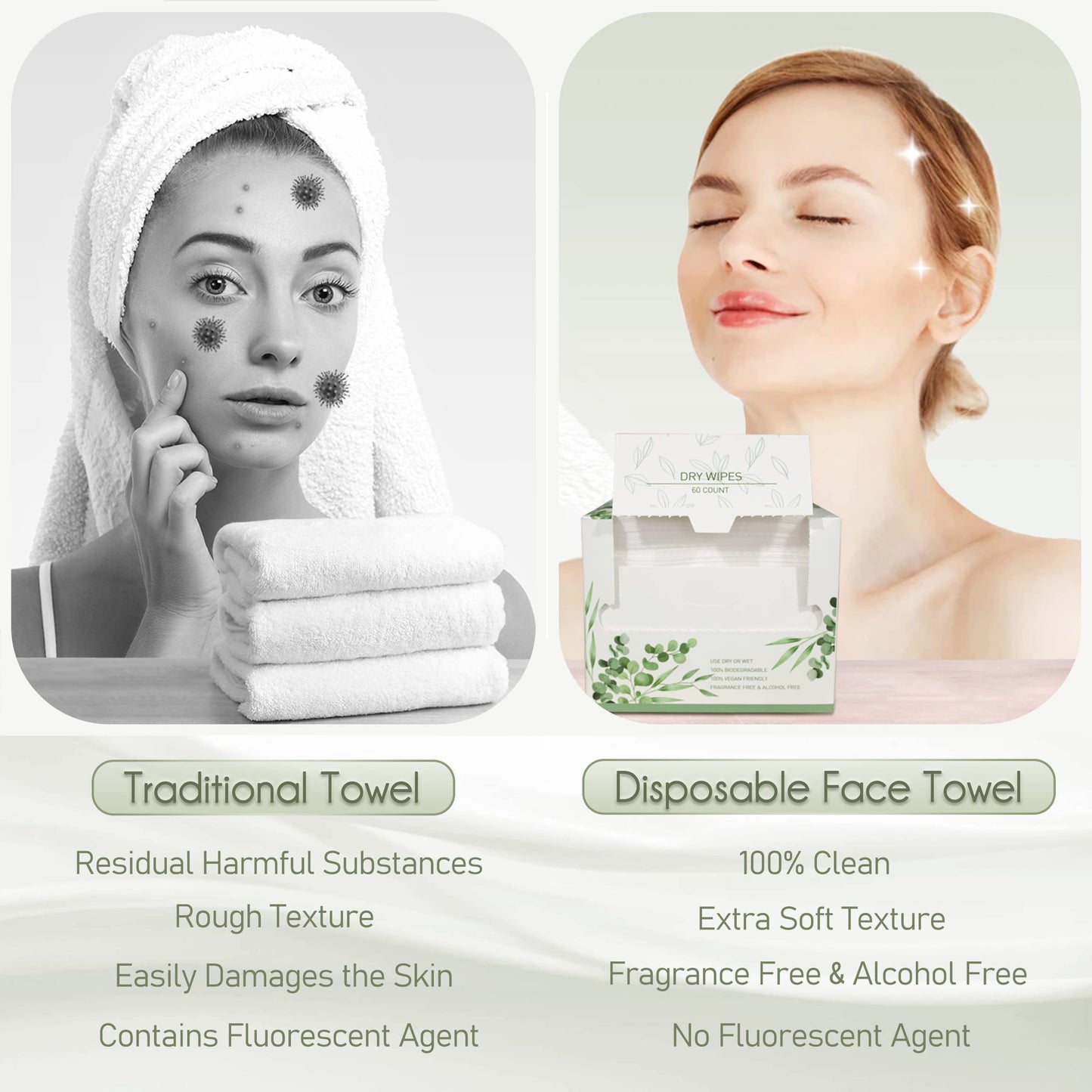WOWOTEX Disposable Face Towel Biodegradable Large Dry Wipes 60 Count/Box Extra Thick Soft Clean Facial Towels for Sensitive Skin, Makeup Removing Beauty and Personal Care WOWOTEX