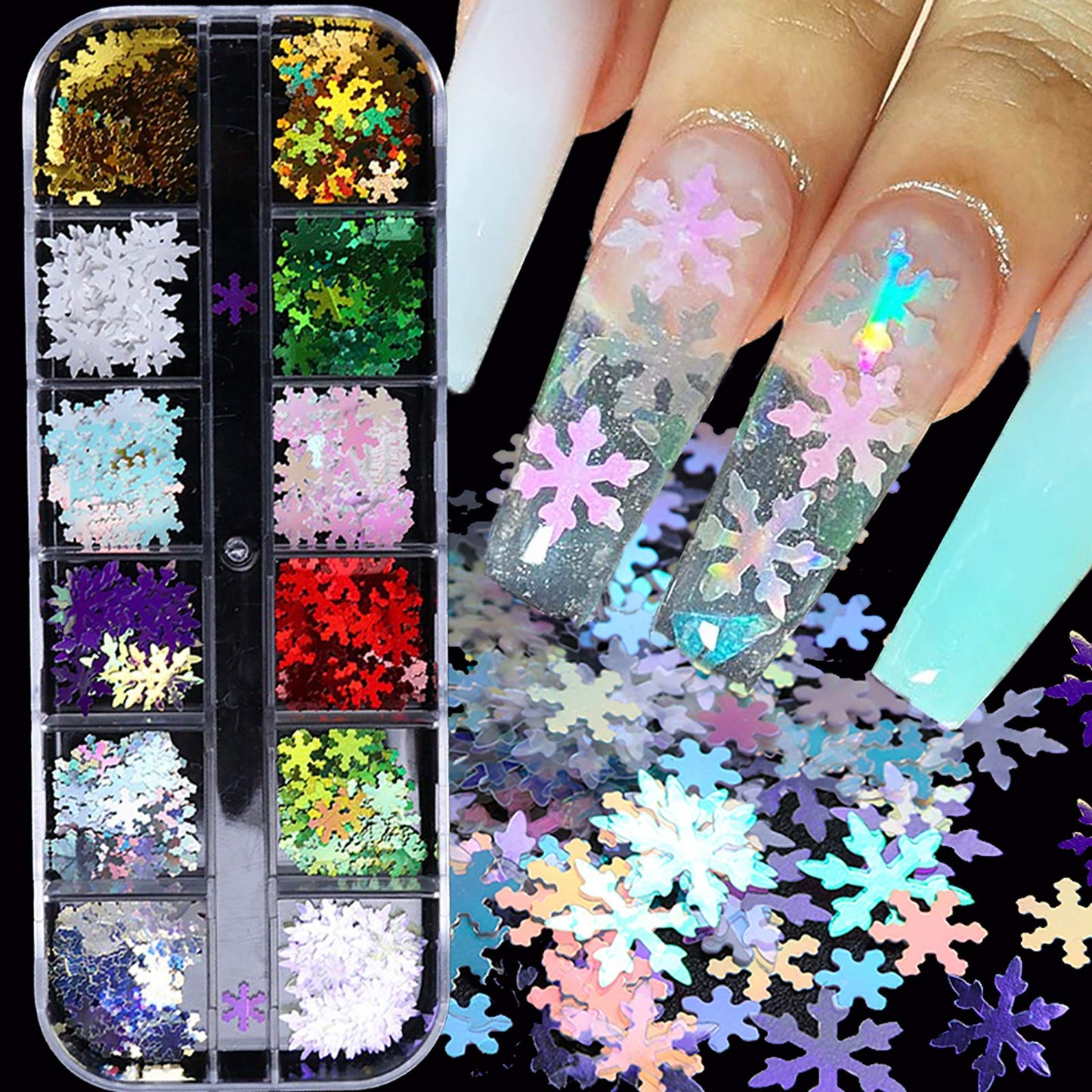 Snowflake Glitter Nail Sequins - 12 Grids 3D Colorful Christmas Holographic Nail Flakes Glitter Confetti Sticker Decals Manicure Nail Design Makeup Beauty & Personal Care Qdsuh