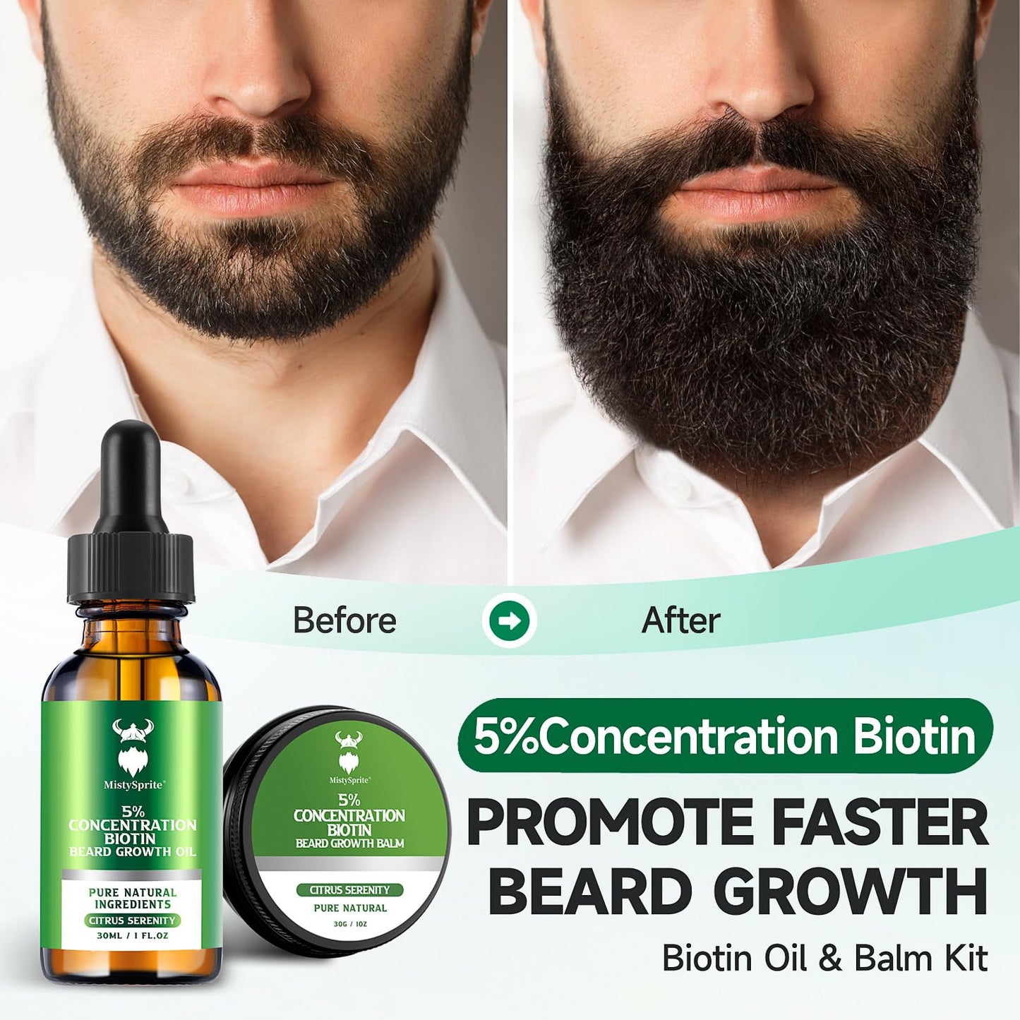 Beard Growth Oil & Beard Balm - Beard Growth Kit with 5% Concentration Biotin for Men, Natural Ingredients with Argan Oil, Jojoba Oil and Vitamin Beauty and Personal Care MistySprite