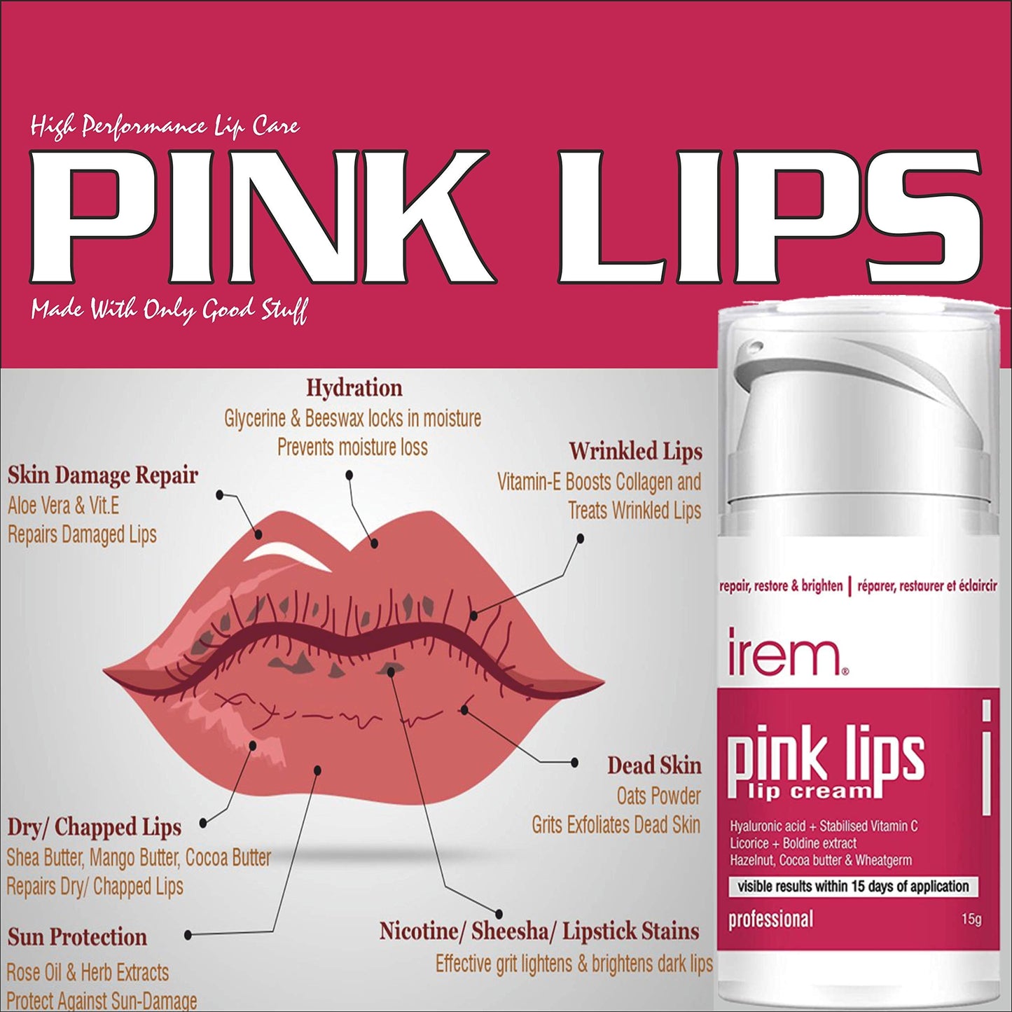 Irem Pink Lips - Lip cream Repair restore and brighten lips. With Vitamin C, Hyaluronic and Licorice 15g Beauty and Personal Care Irem