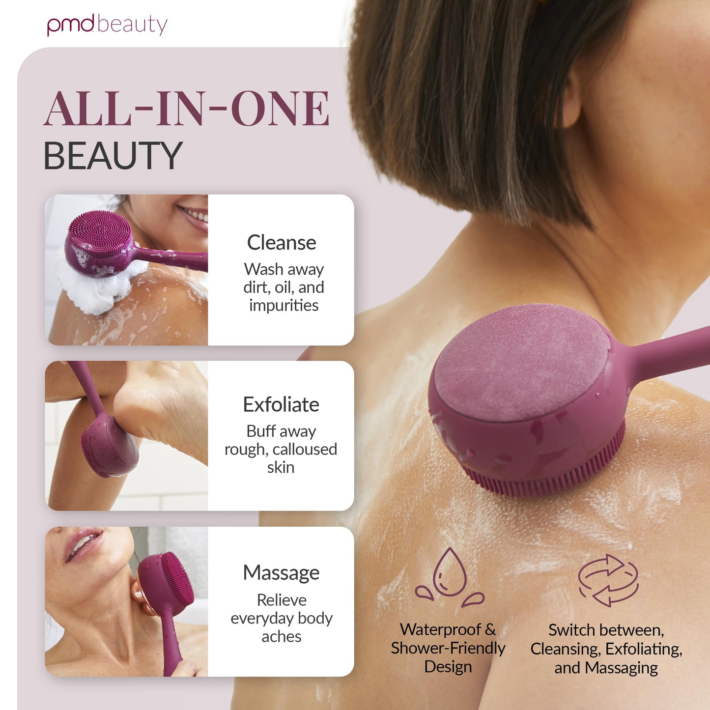 PMD Clean Body - Smart Body Cleansing Device with Silicone Brush & Three Interchangeable Attachments - Waterproof - SonicGlow Vibration - Cleanse Beauty & Personal Care PMD Beauty