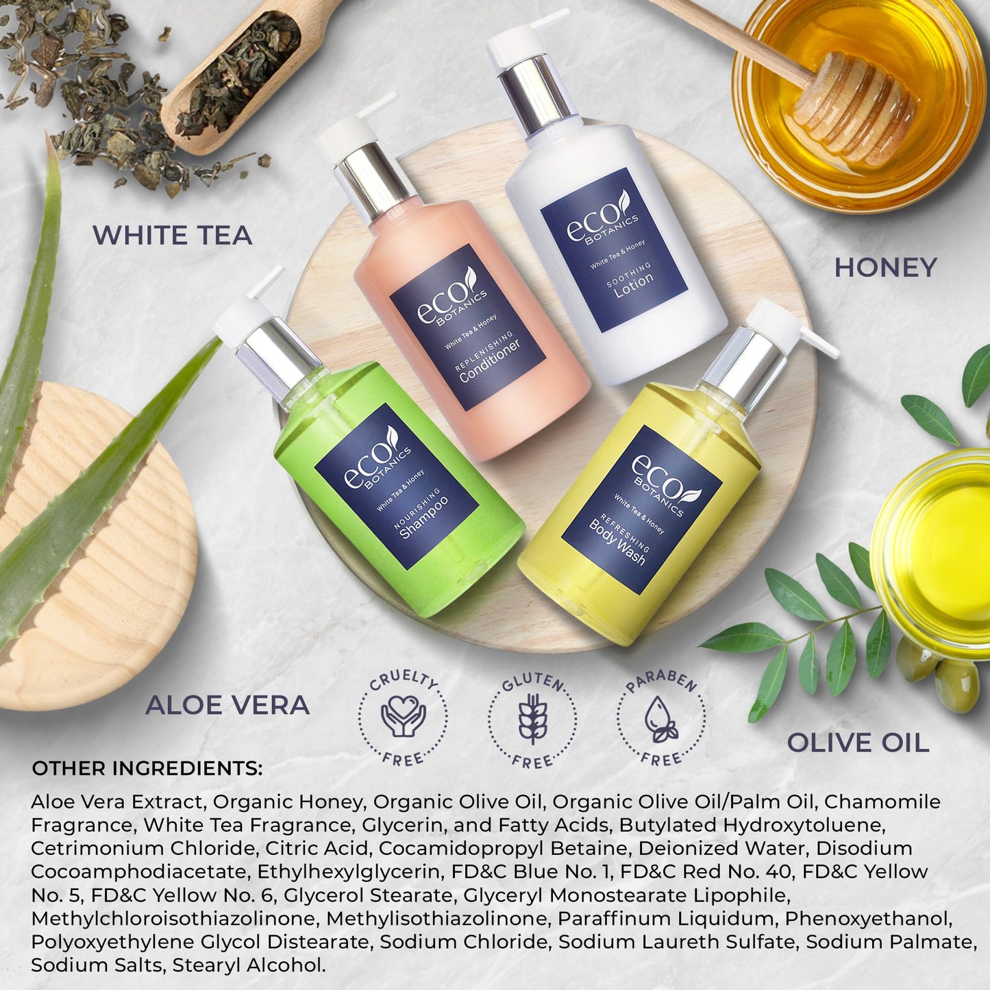 Eco Botanics Hotel Amenities Set | 10.14oz Pump Bottles | Shampoo, Conditioner, Hand & Body Wash, and Lotion | Set of 4 Beauty & Personal Care Terra Pure